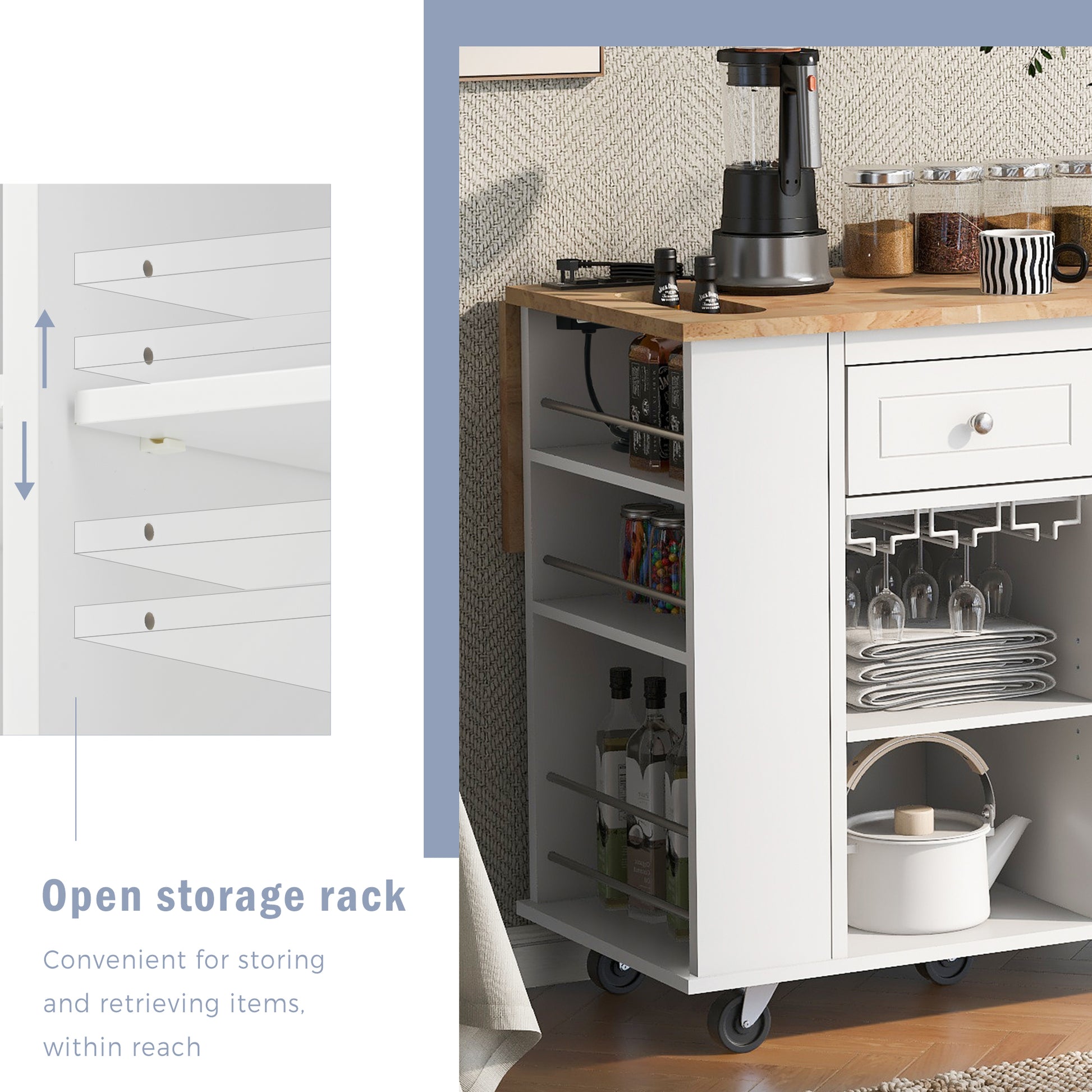 White rolling kitchen cart with coffee maker and pantry items