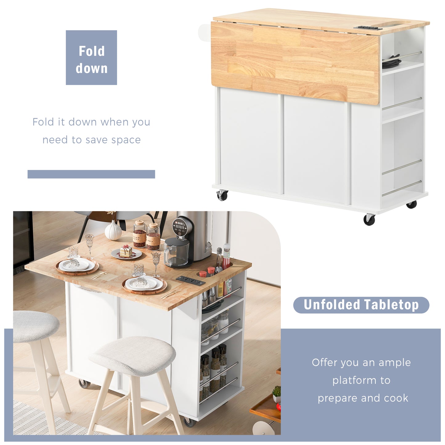 White kitchen cart with folddown wooden tabletop