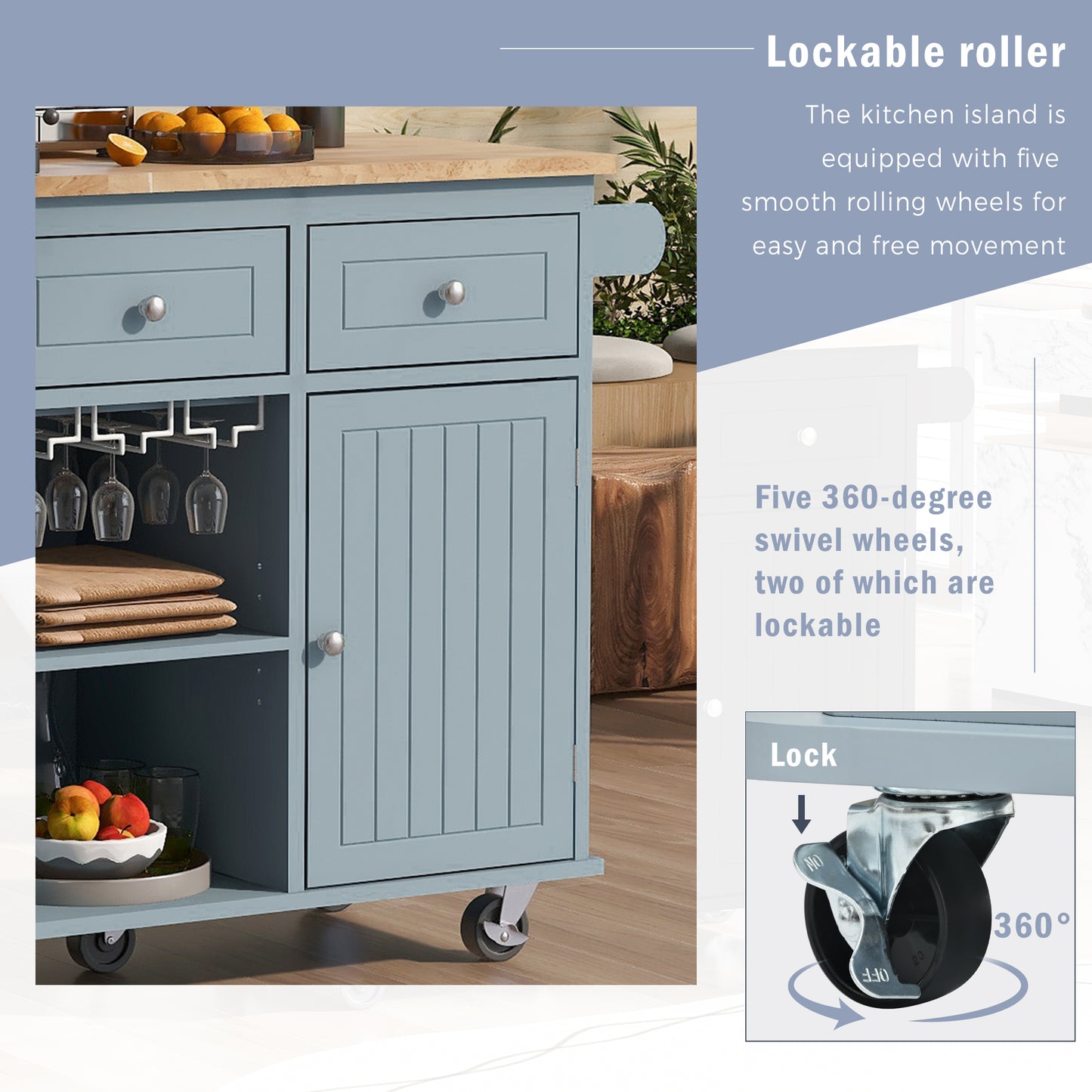 Closeup of a blue kitchen island with lockable roller wheels