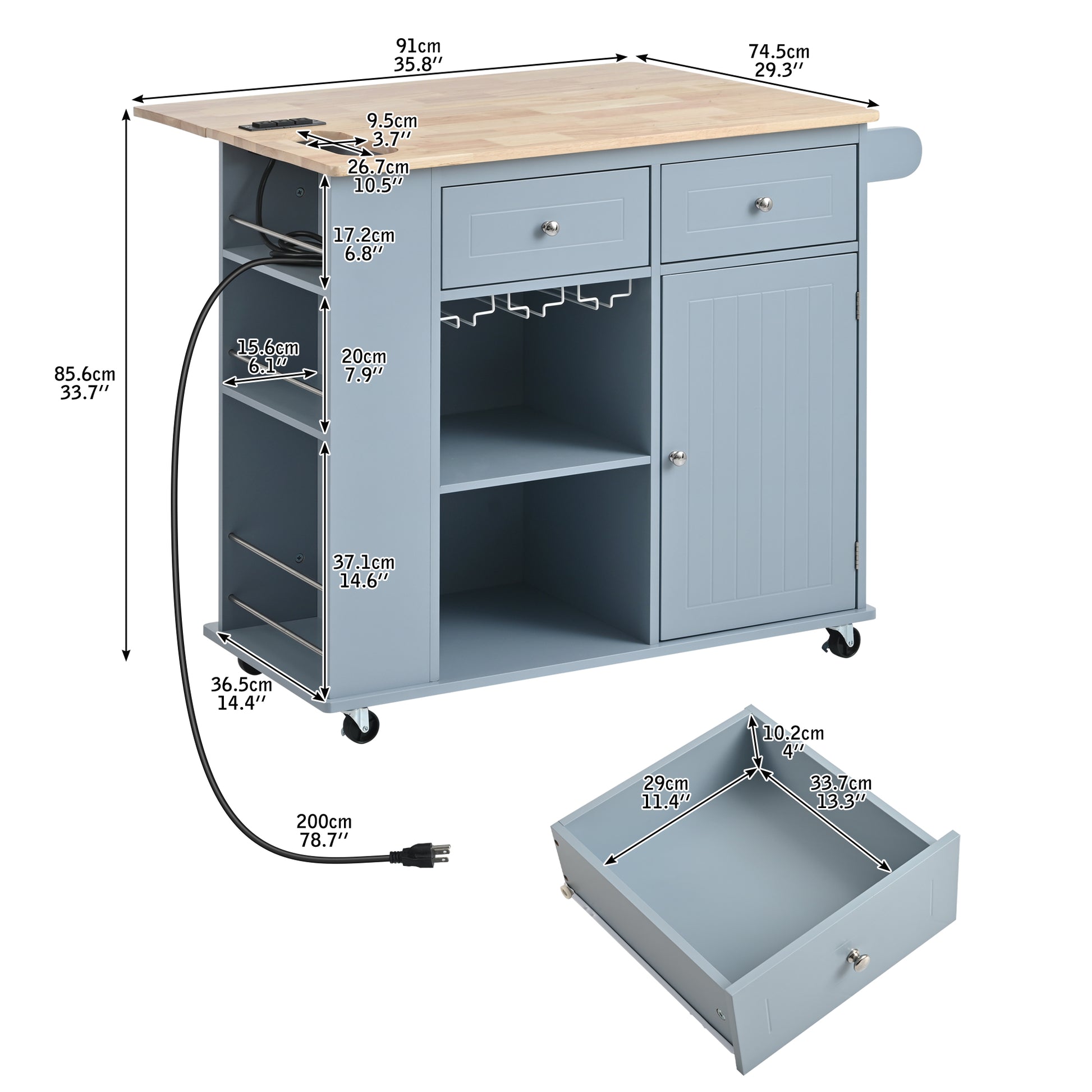 Light blue kitchen island cart with butcher block top and integrated power outlet