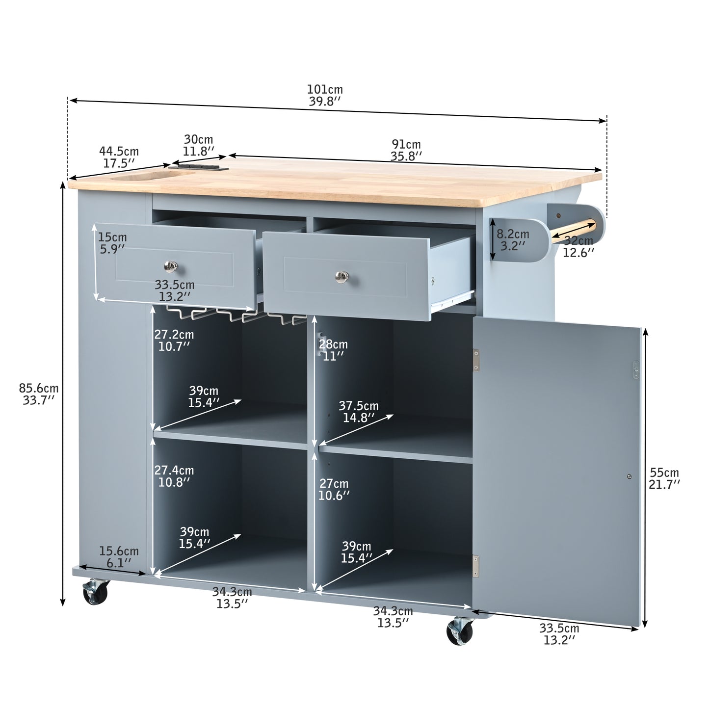Gray kitchen island cart with butcher block top two drawers and two cabinet doors