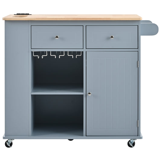 Gray kitchen island cart with butcher block top two drawers and cabinet storage