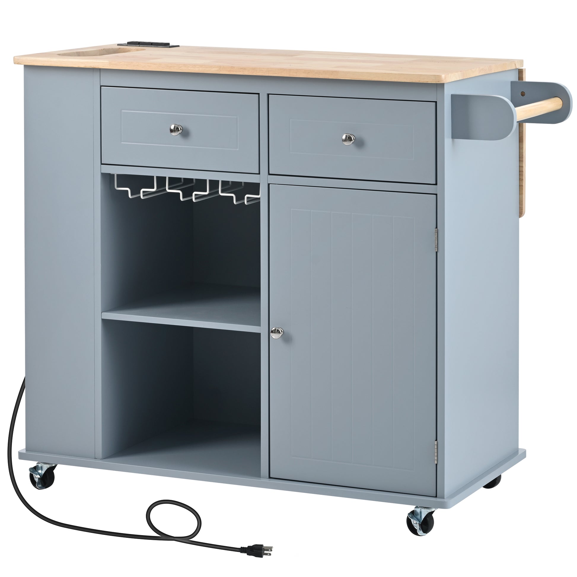 Grey kitchen island cart with wooden countertop drawers wine rack and cabinet