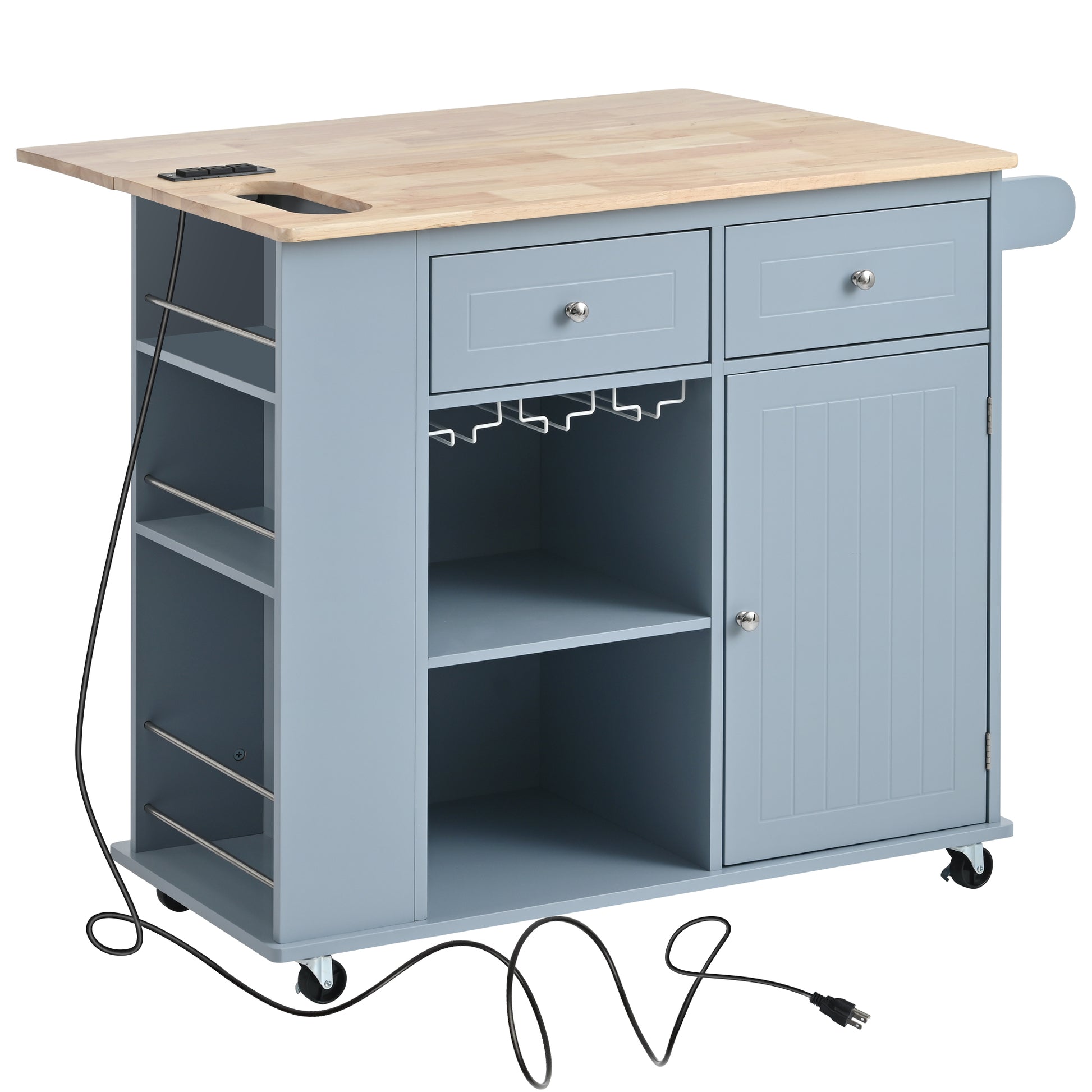 Light blue kitchen cart with butcher block top and integrated power outlets