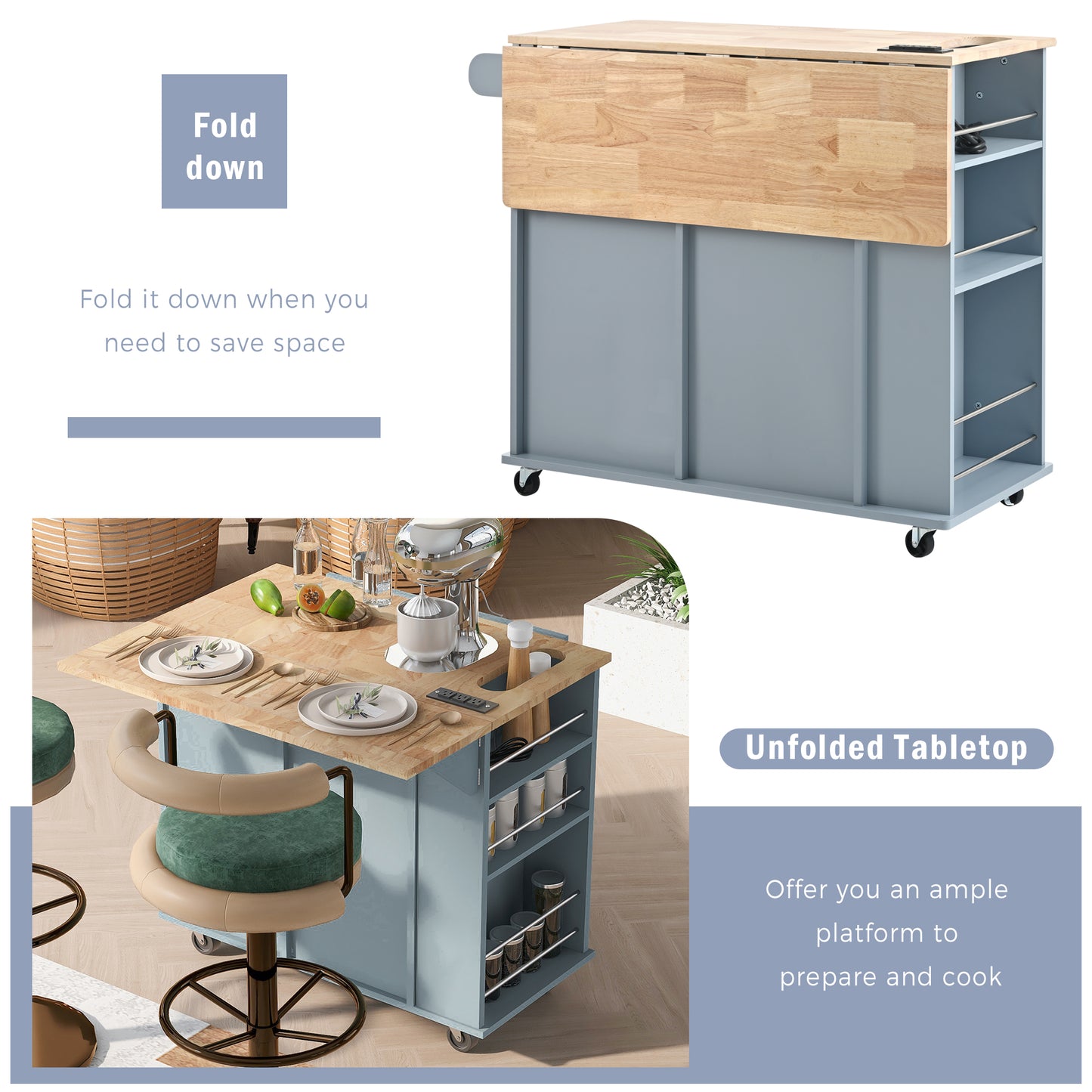 Gray kitchen cart with wooden dropleaf tabletop and side shelves