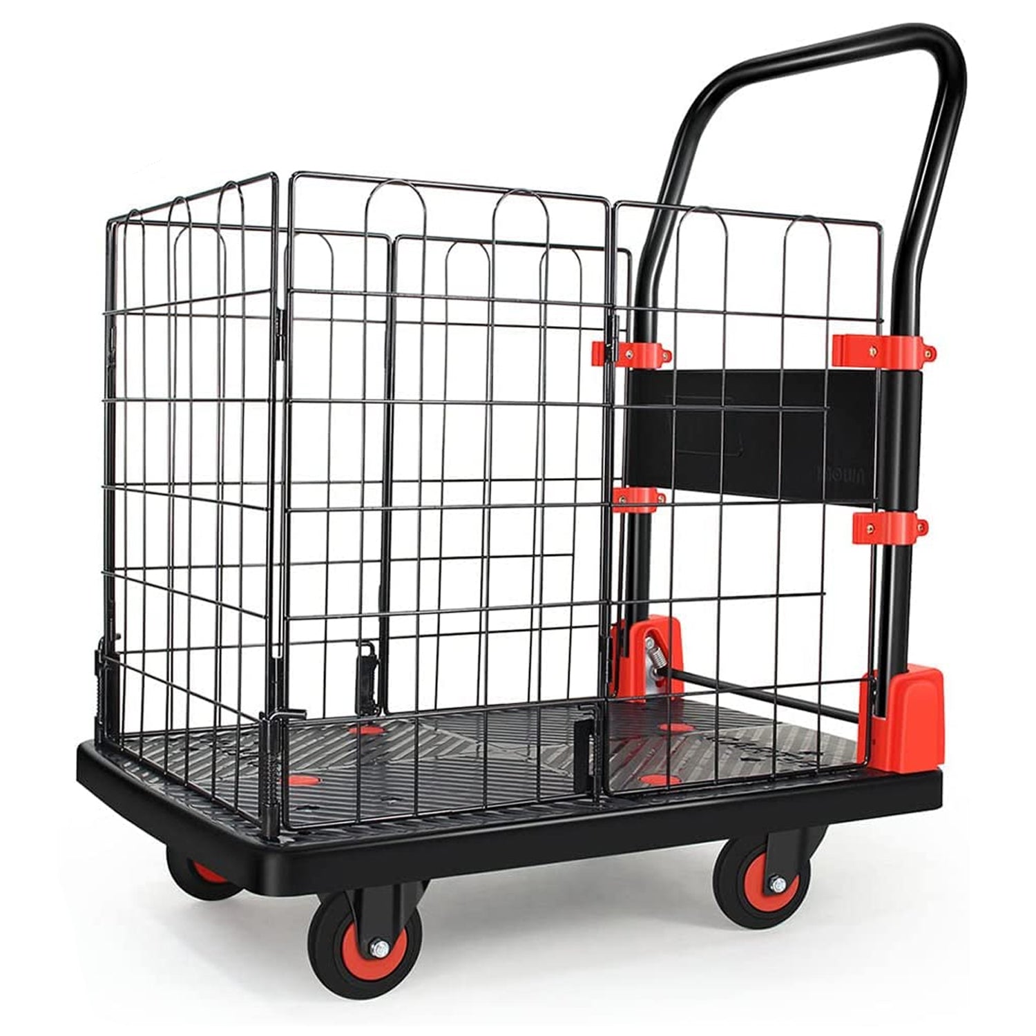 Black metal folding utility cart with orange accents ideal for moving goods