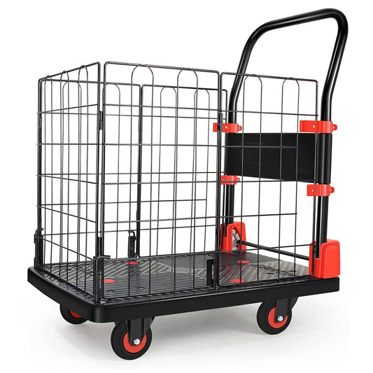 Black metal folding utility cart with orange accents ideal for moving goods