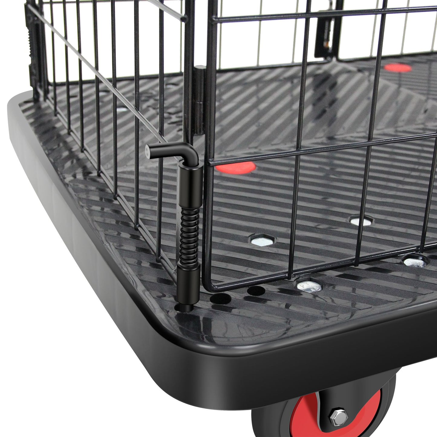 Black wire mesh cage dolly with reinforced plastic deck and red wheels for moving items