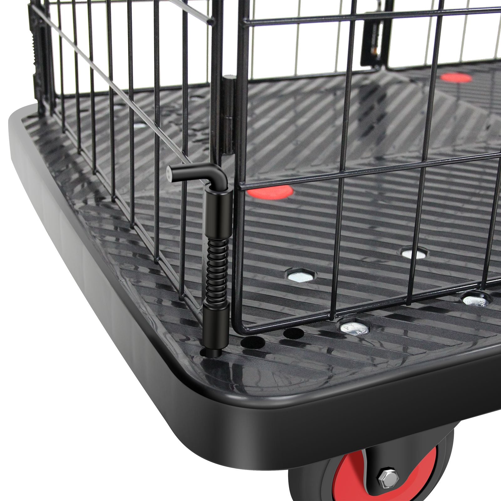 Black wire mesh cage dolly with reinforced plastic deck and red wheels for moving items