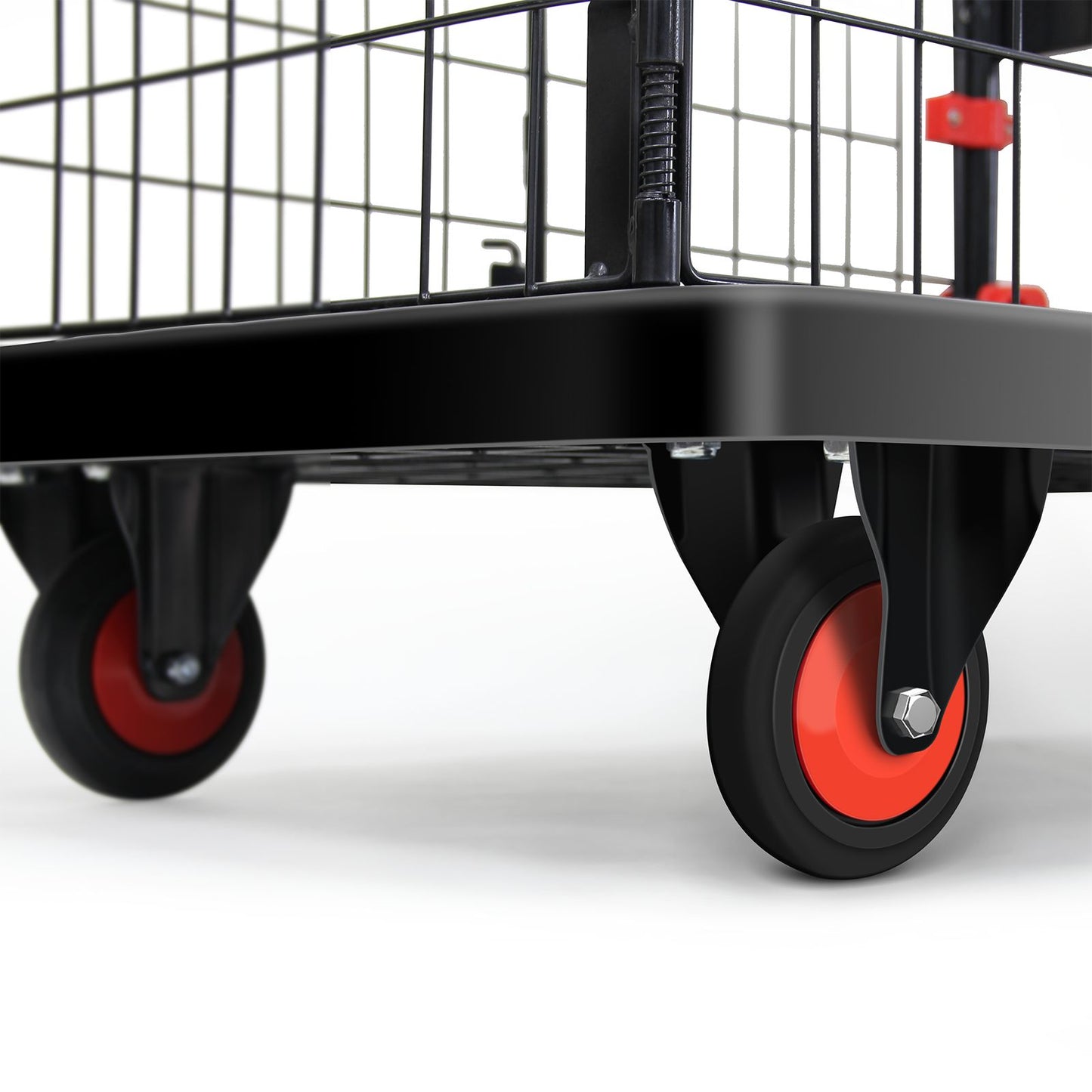 Black metal utility cart with durable redrimmed wheels for heavyduty transport