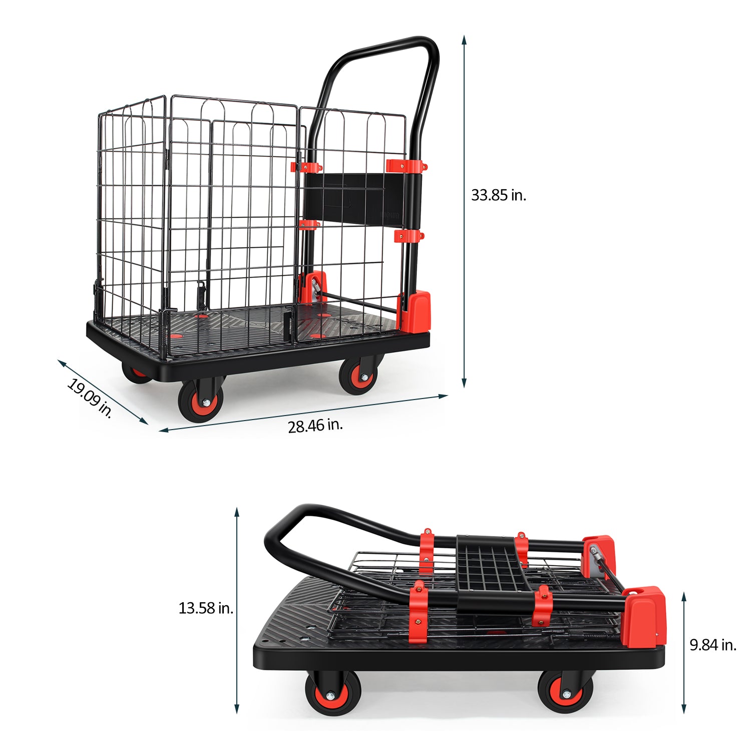 Black folding cart with red accents ideal for moving heavy items
