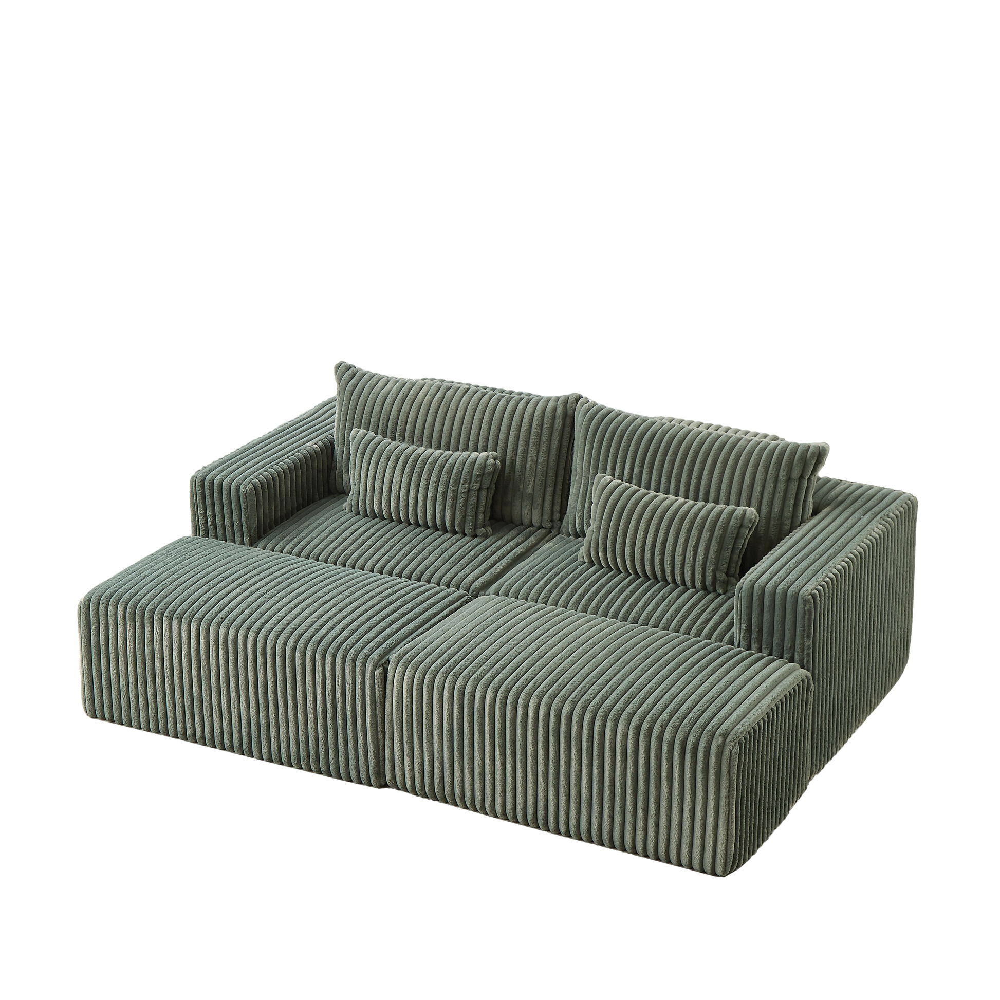 Green corduroy sectional sofa with plush throw pillows and modular ottoman Cozy living room furniture