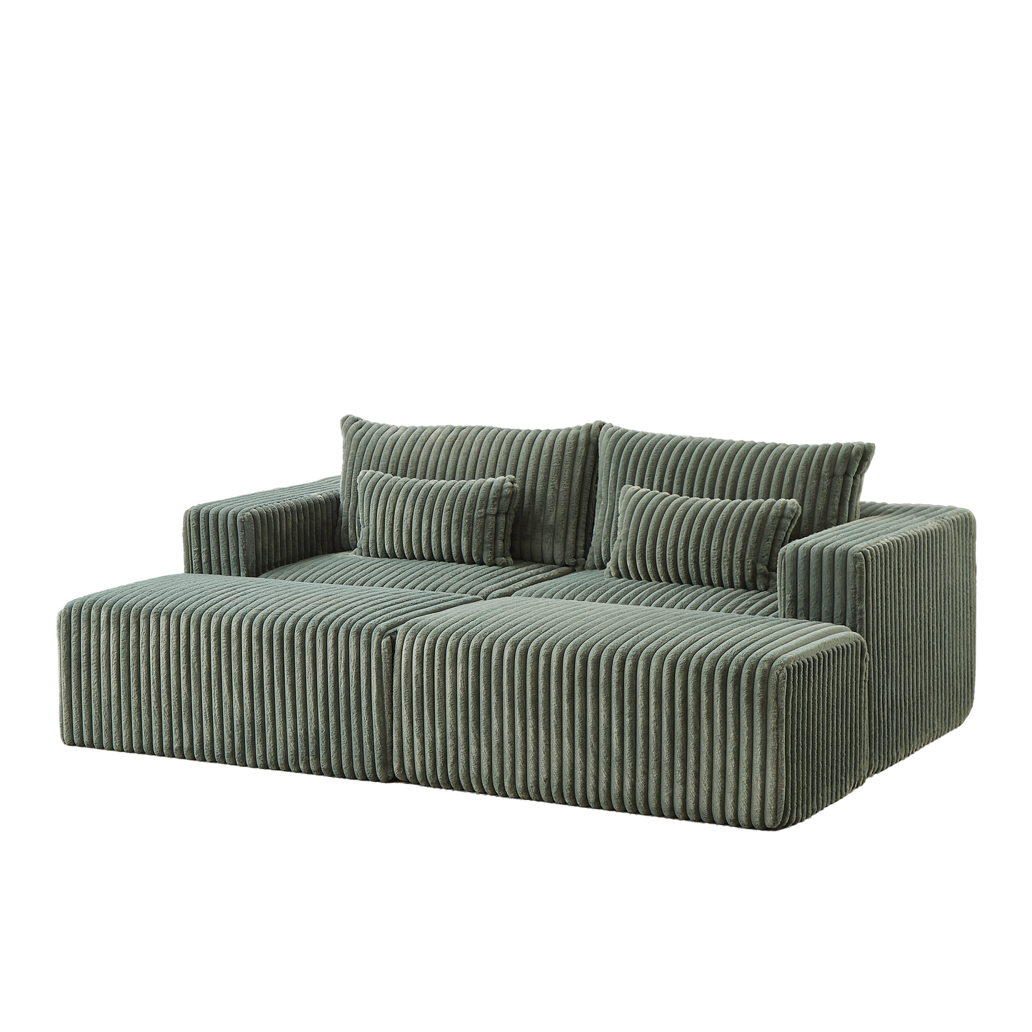 Green corduroy sectional sofa with plush cushions and matching ottoman