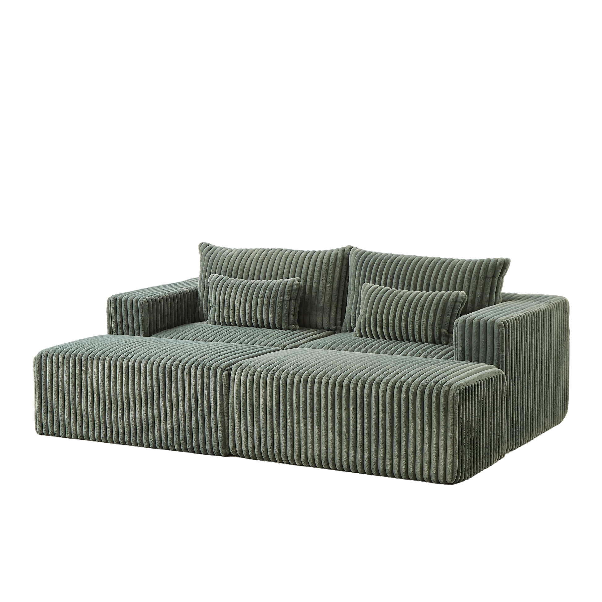 Green corduroy sectional sofa with plush cushions and matching ottoman