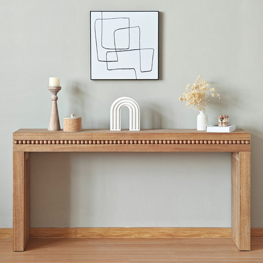 Rustic wood console table with beaded trim and decorative accents