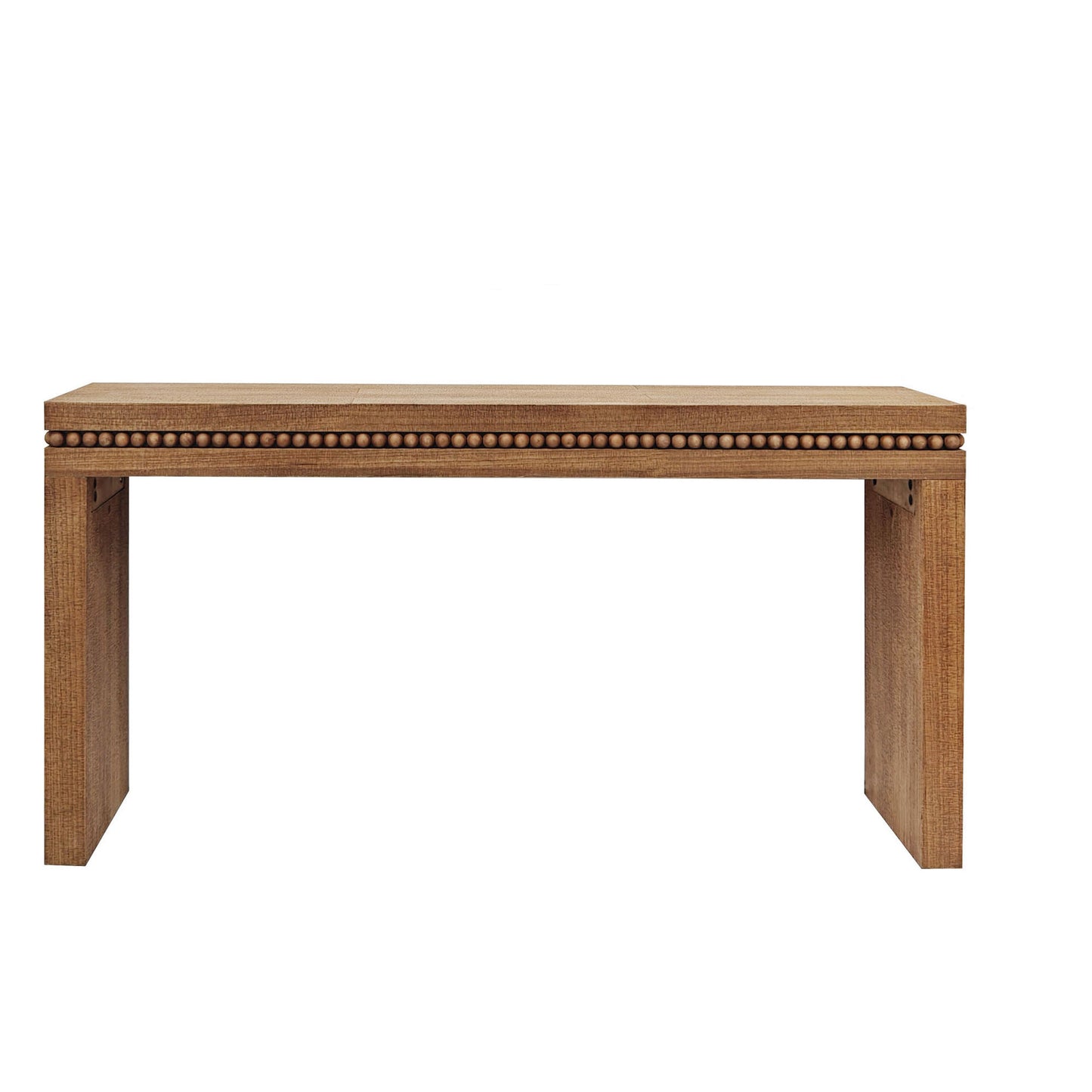 Natural wood console table with beaded trim and straight legs