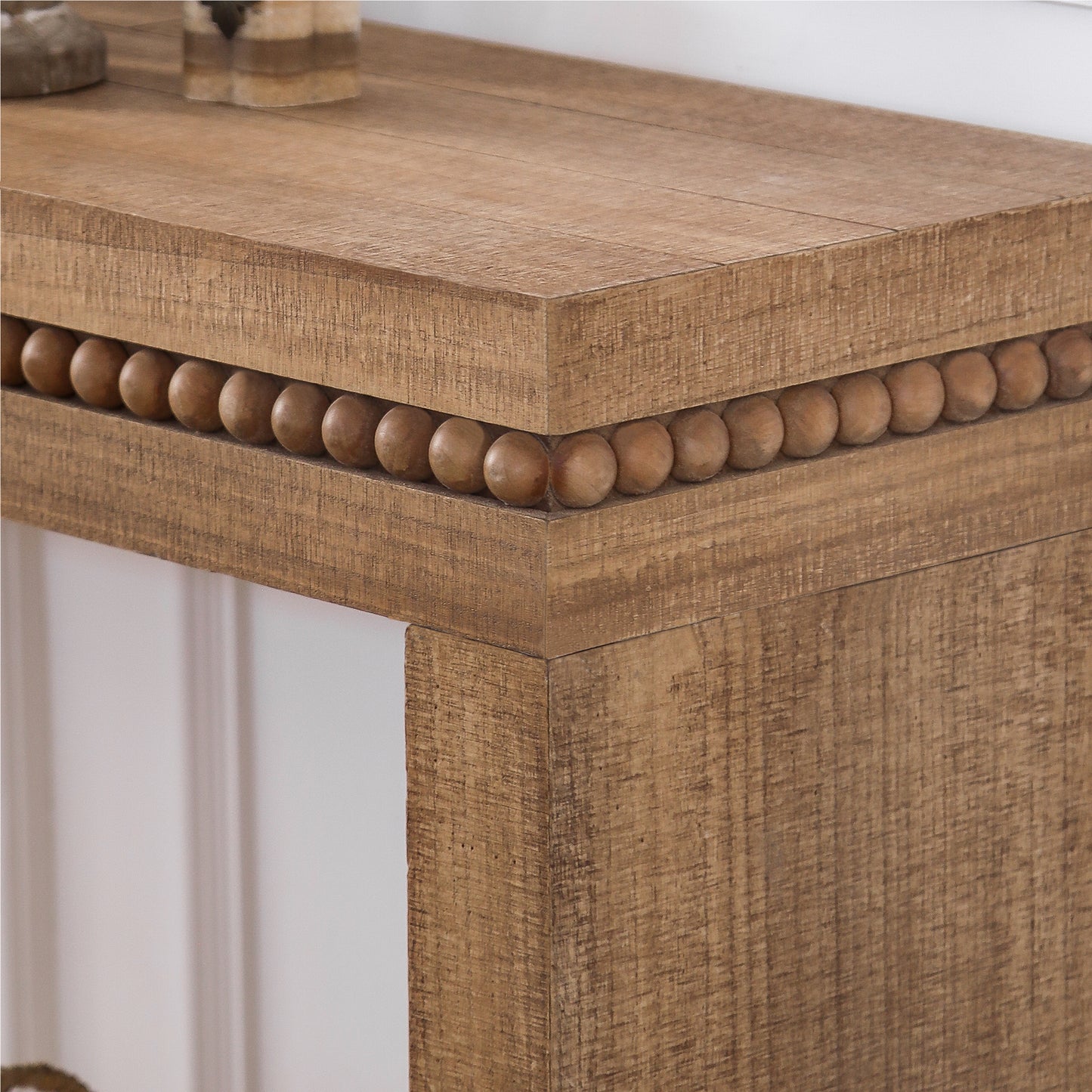 Rustic wood console table with beaded trim natural finish perfect for entryways