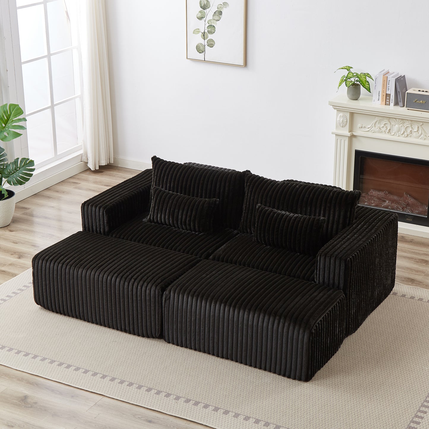 Black corduroy sectional sofa with plush cushions modern living room furniture