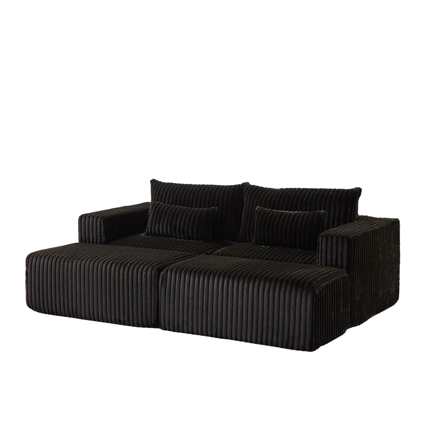 Black corduroy sectional sofa with plush cushions and ottoman