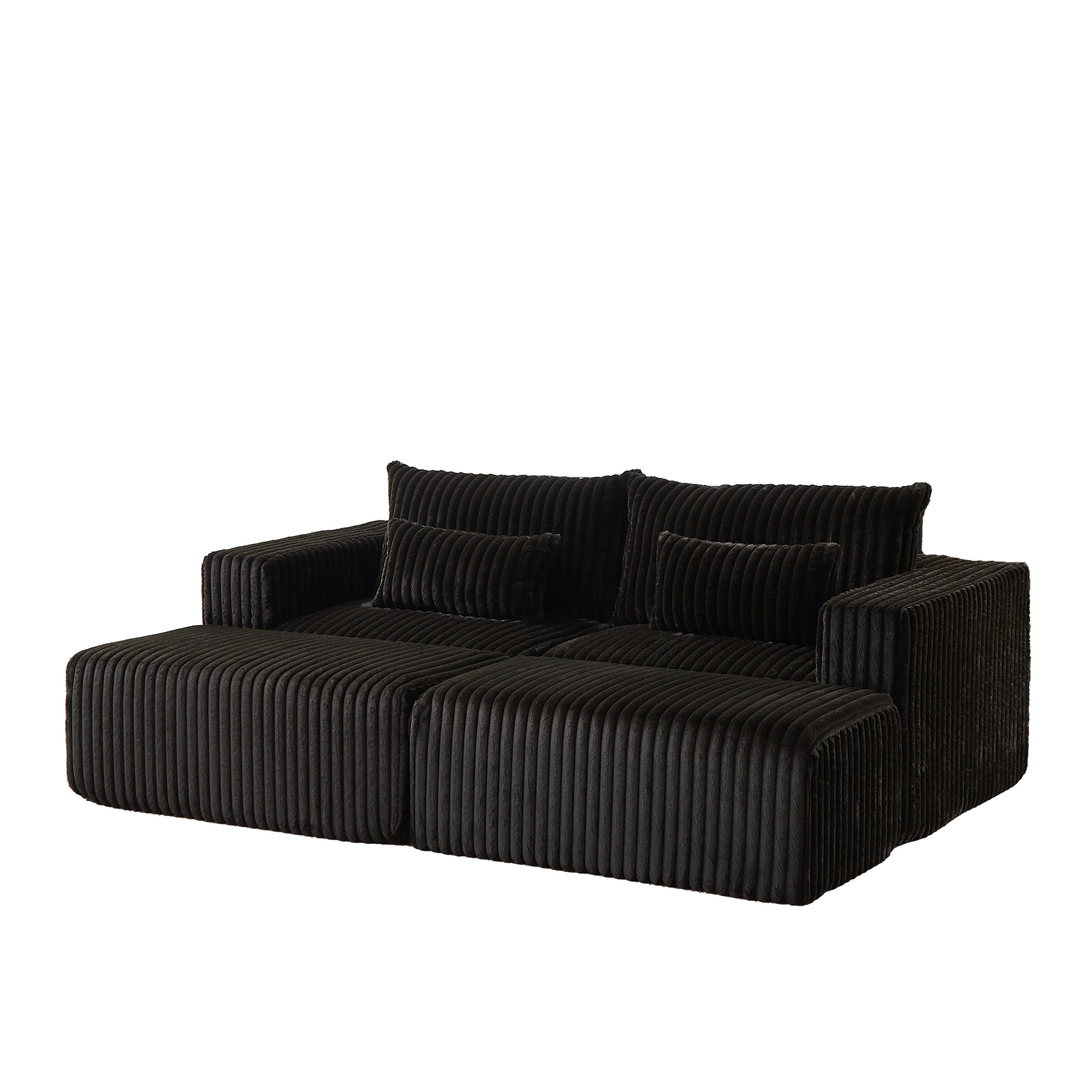 Black corduroy sectional sofa with plush cushions and ottoman