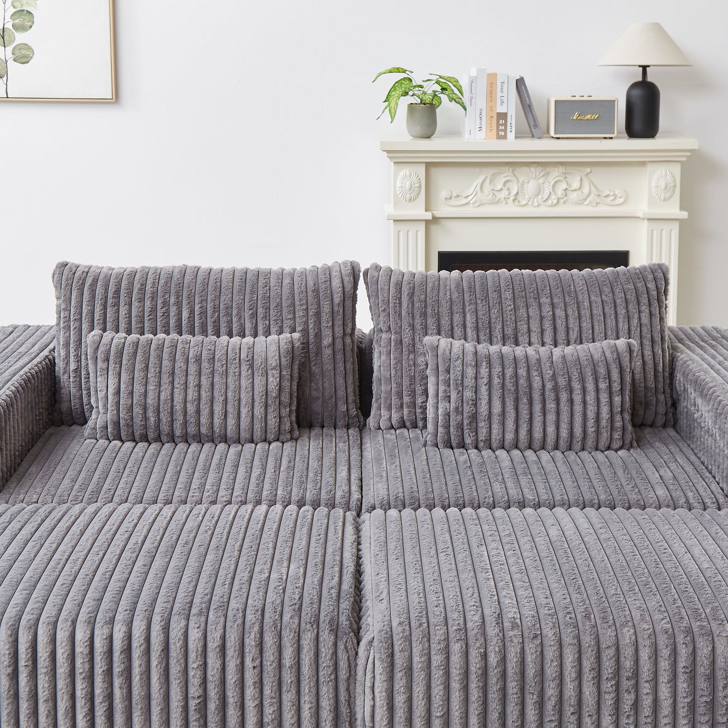 Plush corduroy sofa sectional in gray with matching throw pillows for modern comfort
