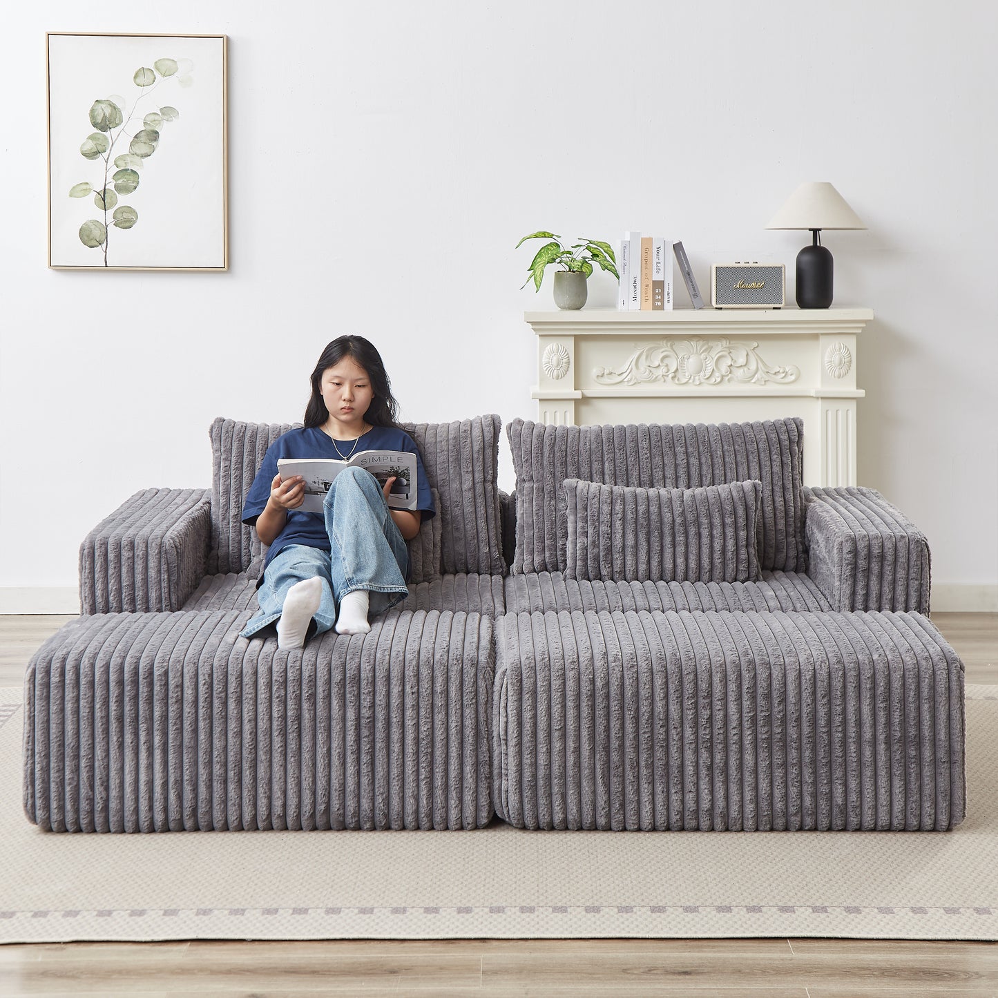 Grey corduroy sectional sofa with plush cushions ideal for modern living rooms