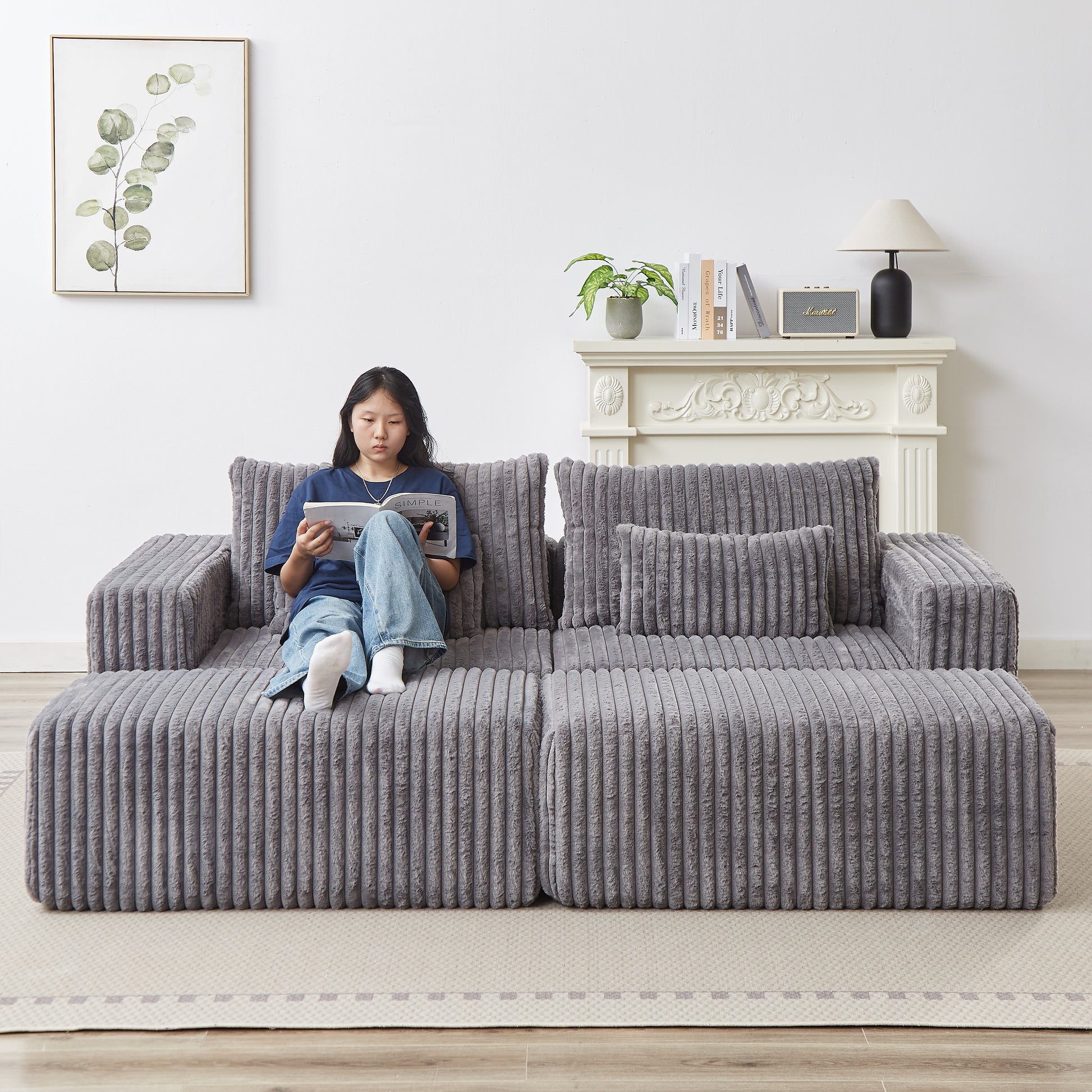 Grey corduroy sectional sofa with plush cushions ideal for modern living rooms