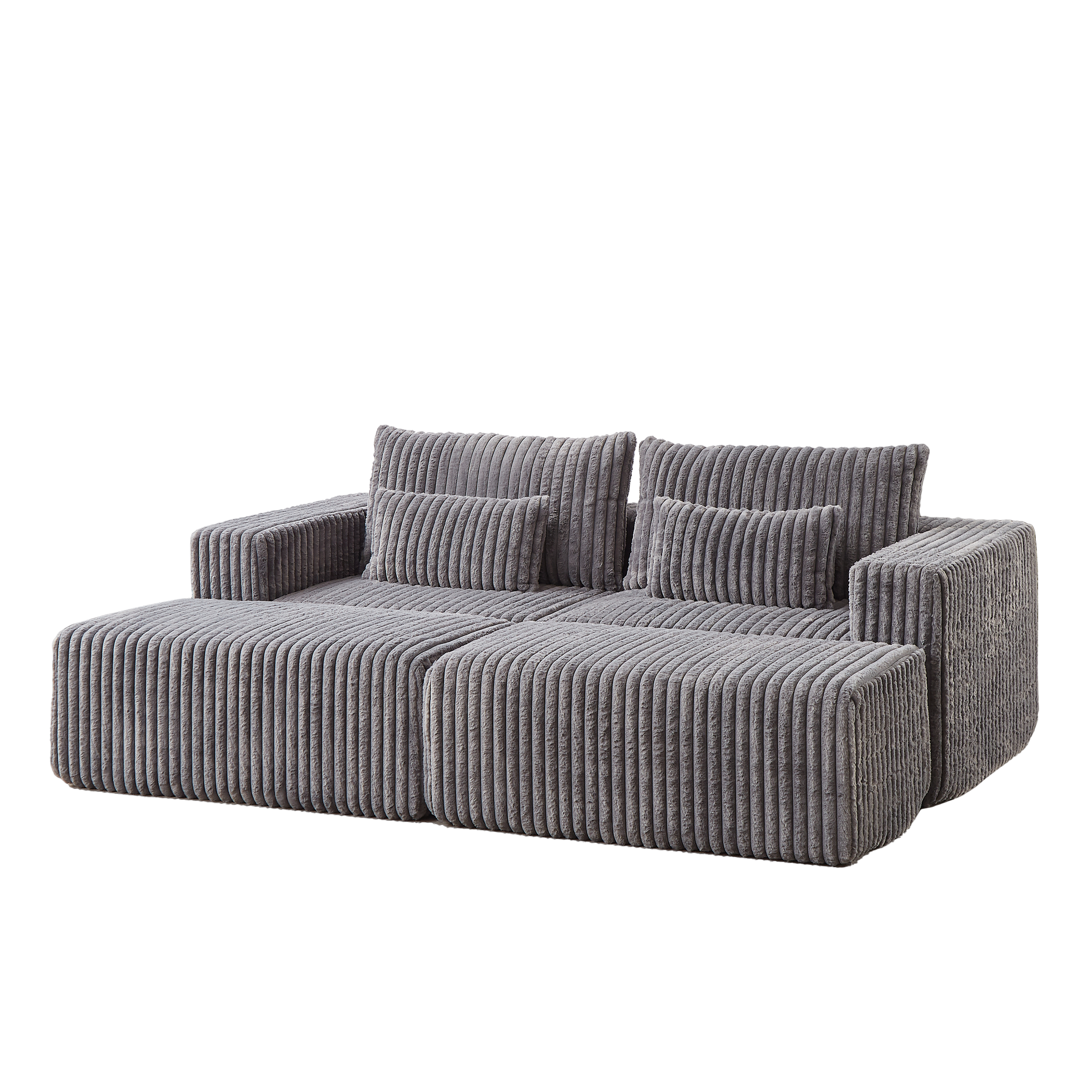 Modular grey corduroy sectional sofa with plush cushions and ottomans