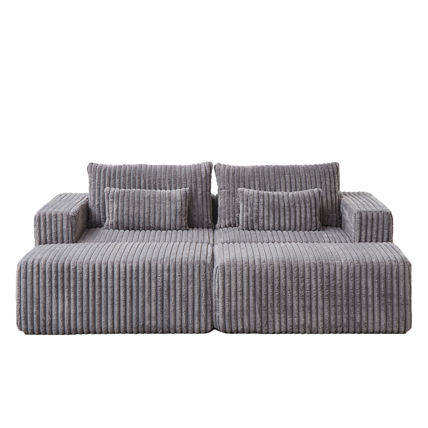 Gray corduroy sectional sofa with plush cushions and a low profile
