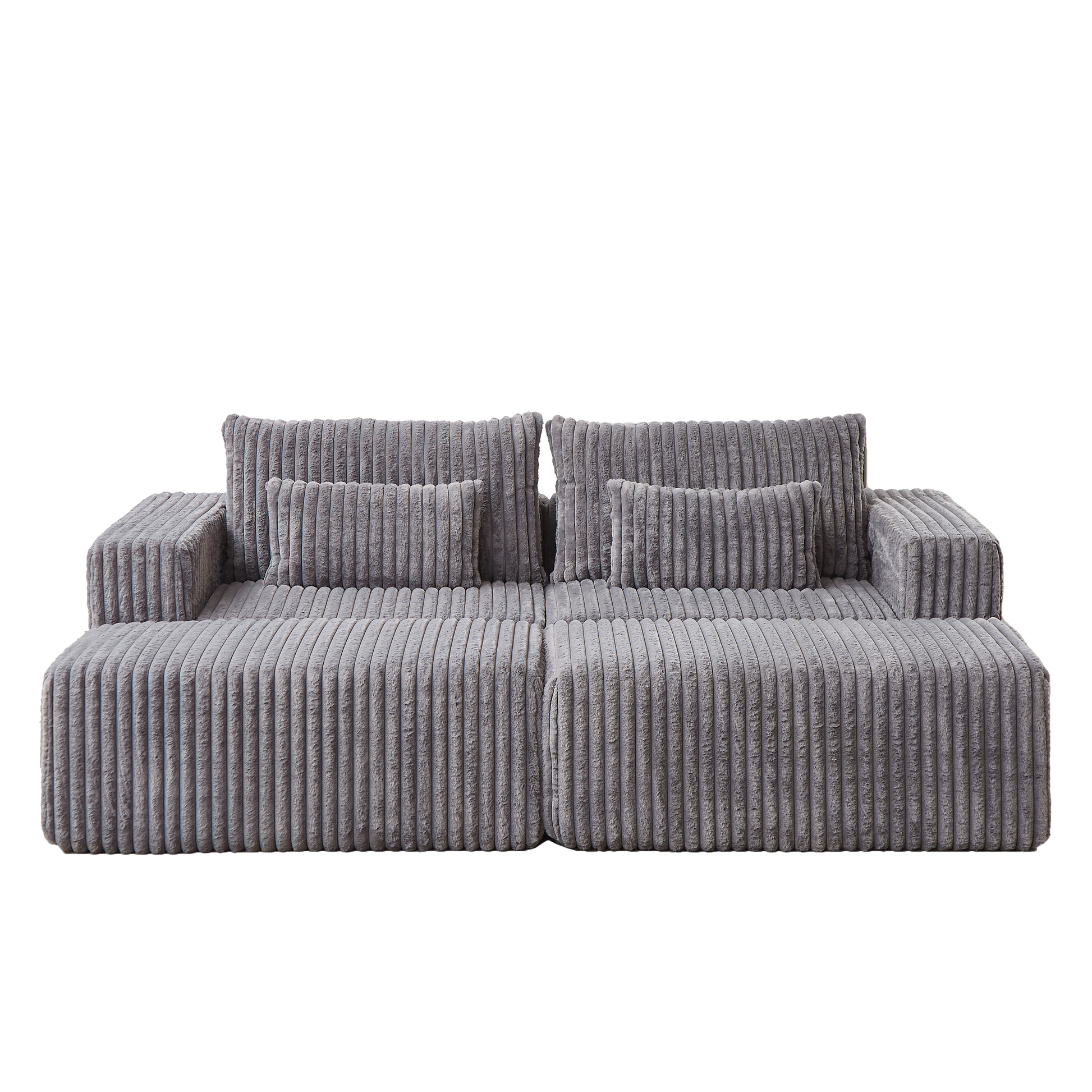 Gray corduroy sectional sofa with plush cushions and a low profile