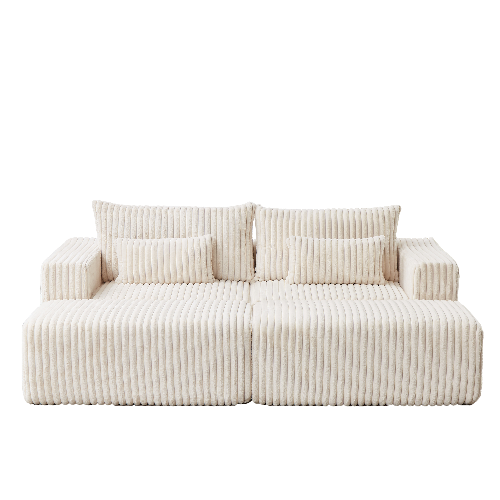 Plush cream corduroy sofa with deep seating and matching throw pillows