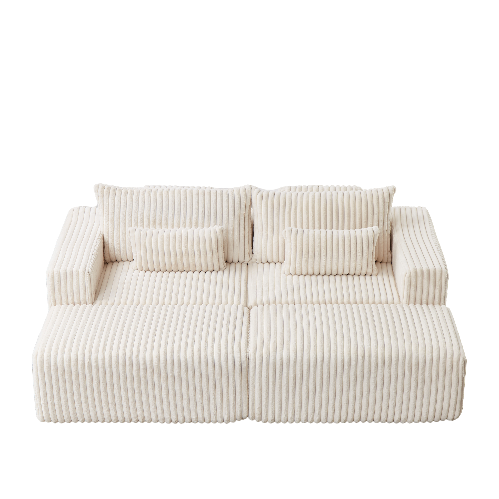 Cream corduroy sectional sofa with plush cushioning and matching throw pillows
