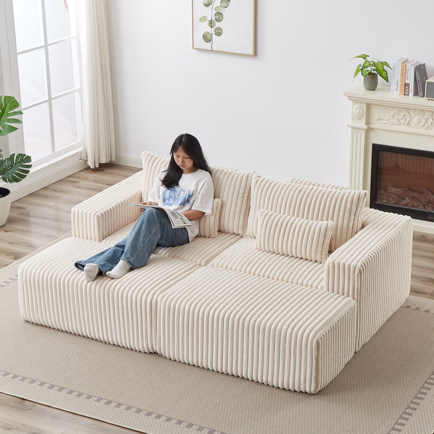 Cream corduroy modular sofa with a plush texture perfect for modern living rooms