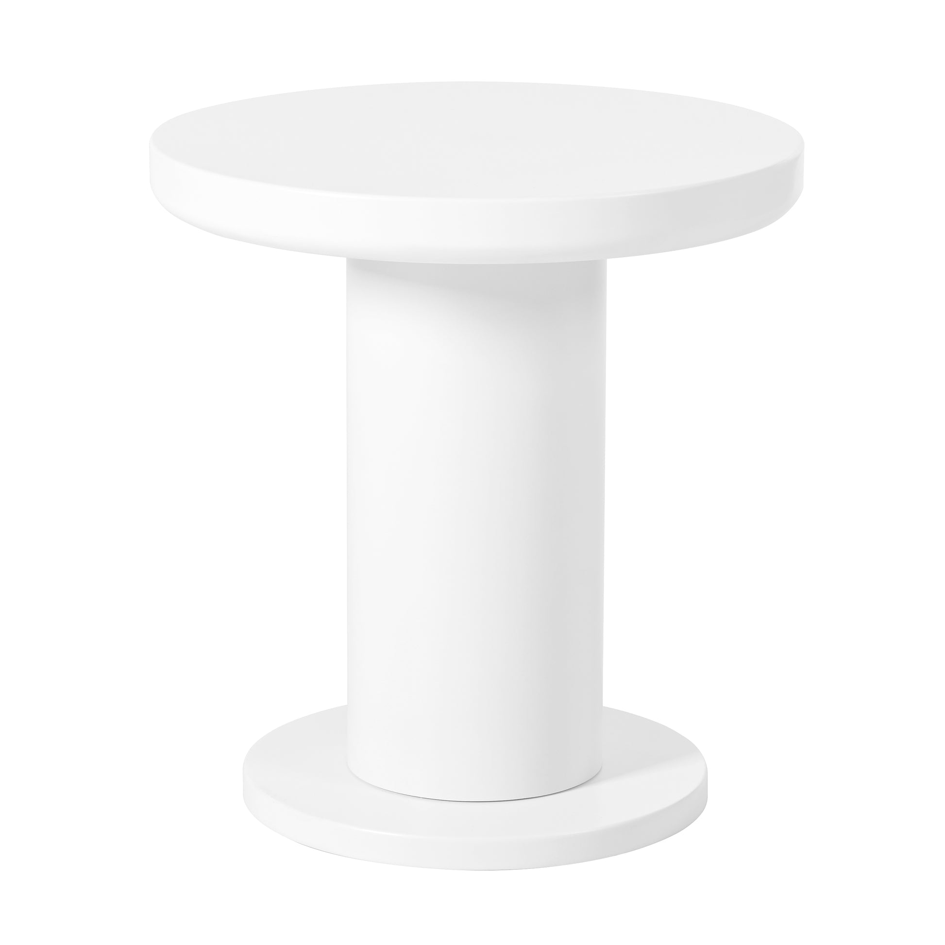 Minimalist white round side table with cylindrical pedestal base