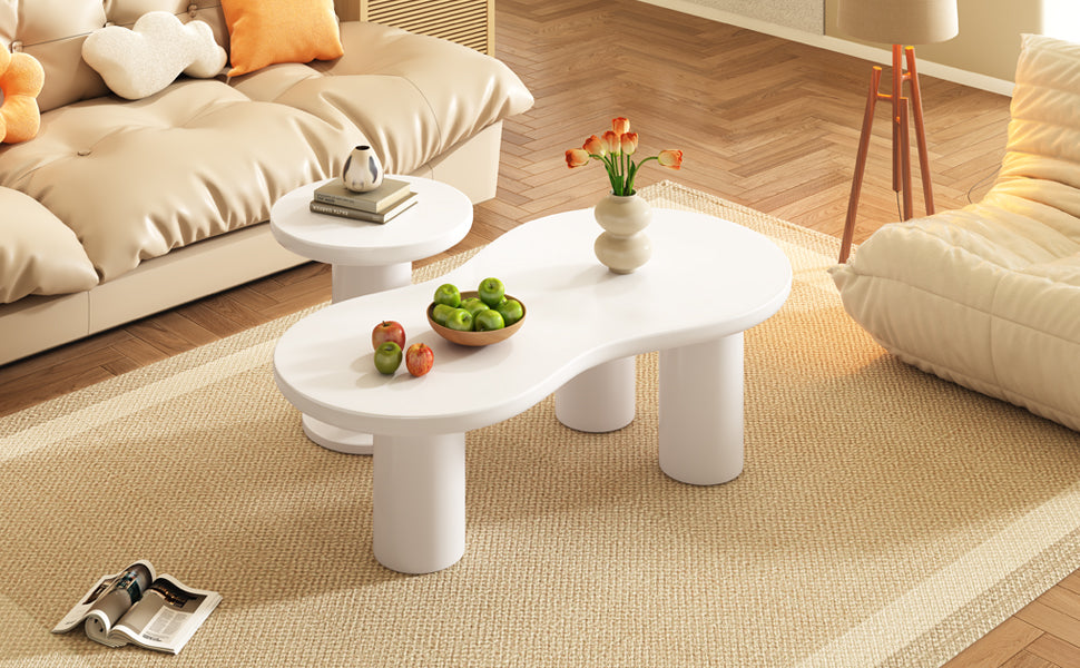 Modern white organic coffee table with rounded legs perfect for living rooms