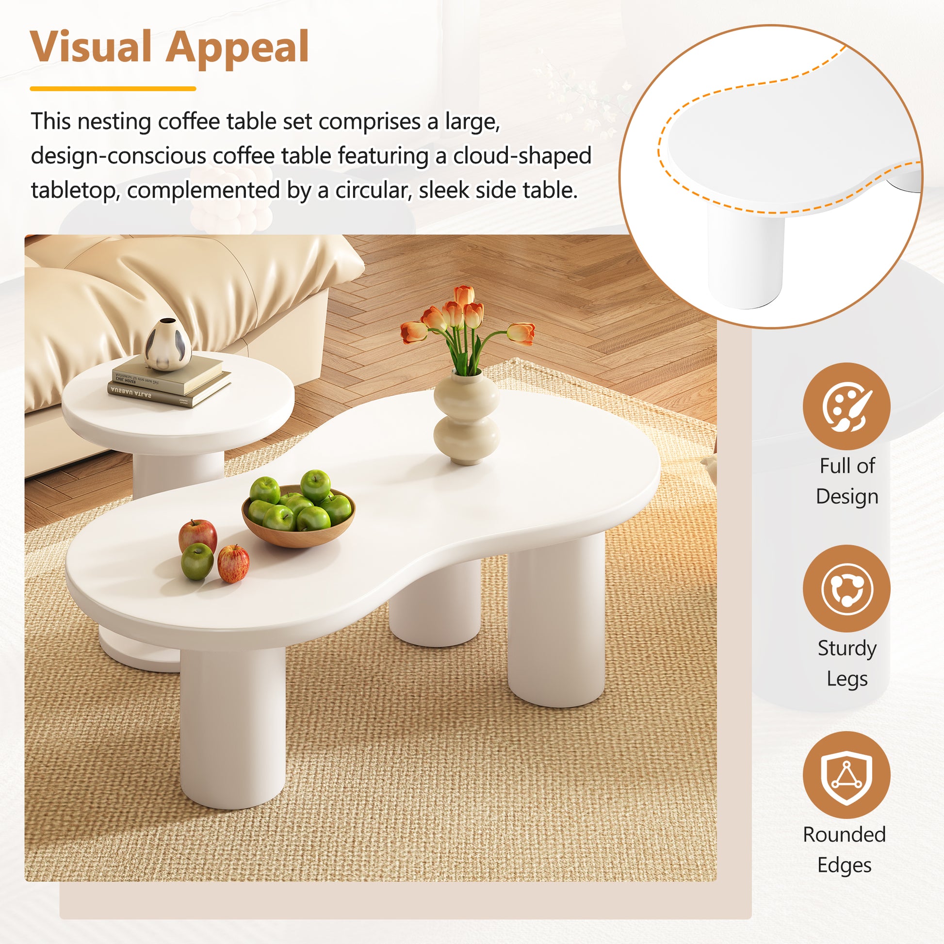 White cloudshaped coffee table with cylindrical legs and a side table