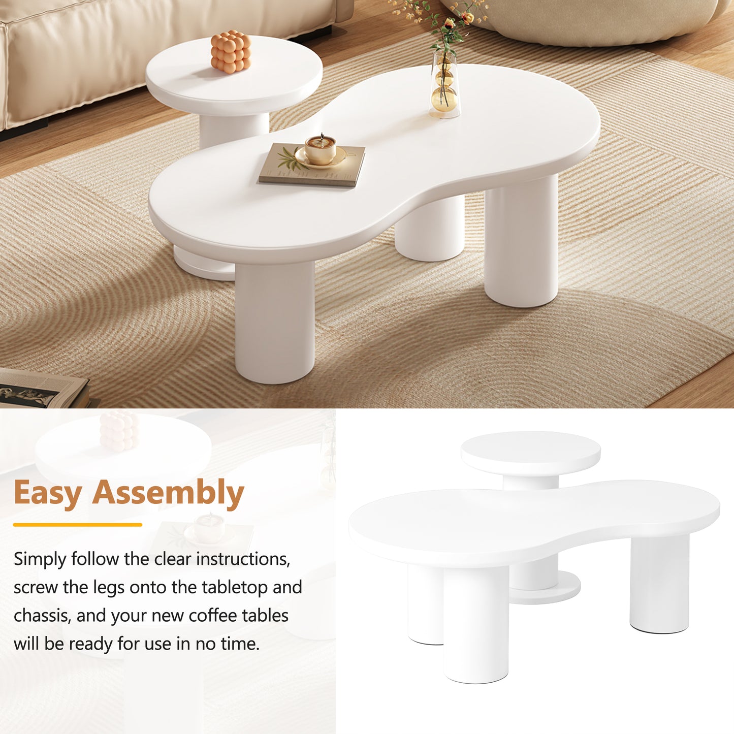 White modern coffee table with unique organic shape perfect for living room