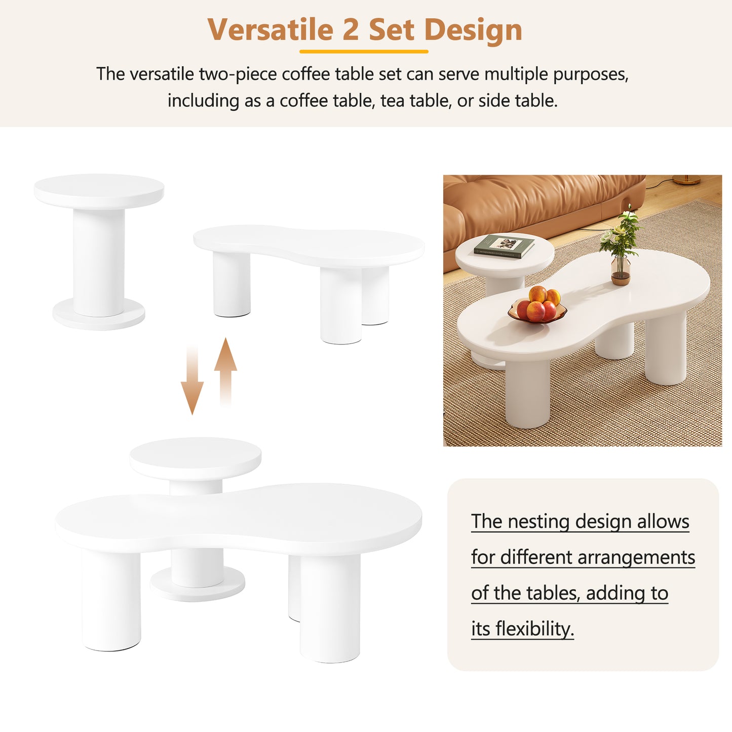 White round coffee table with rounded edges and pedestal base modern living room furniture