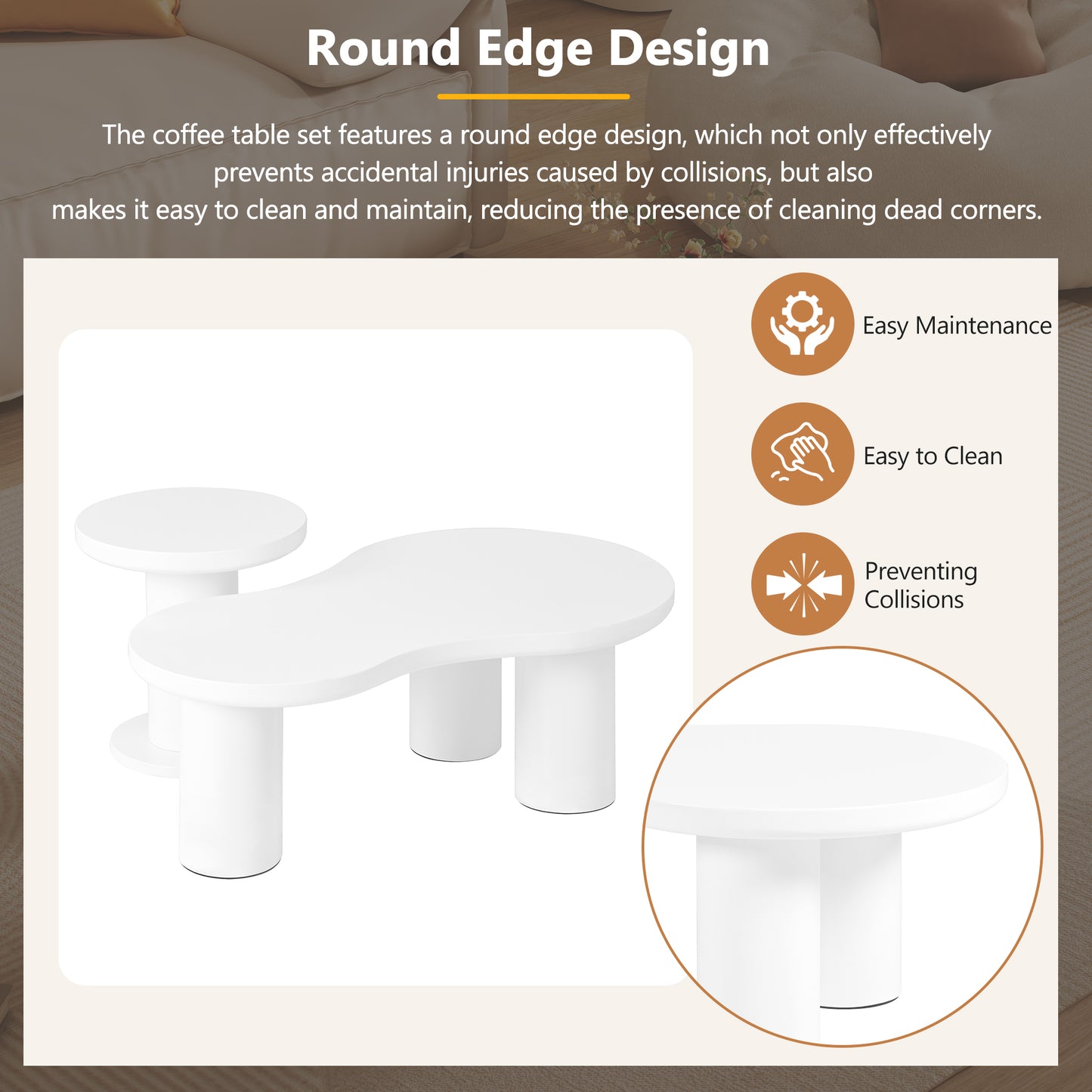 White rounded coffee table set with unique modern design for living rooms