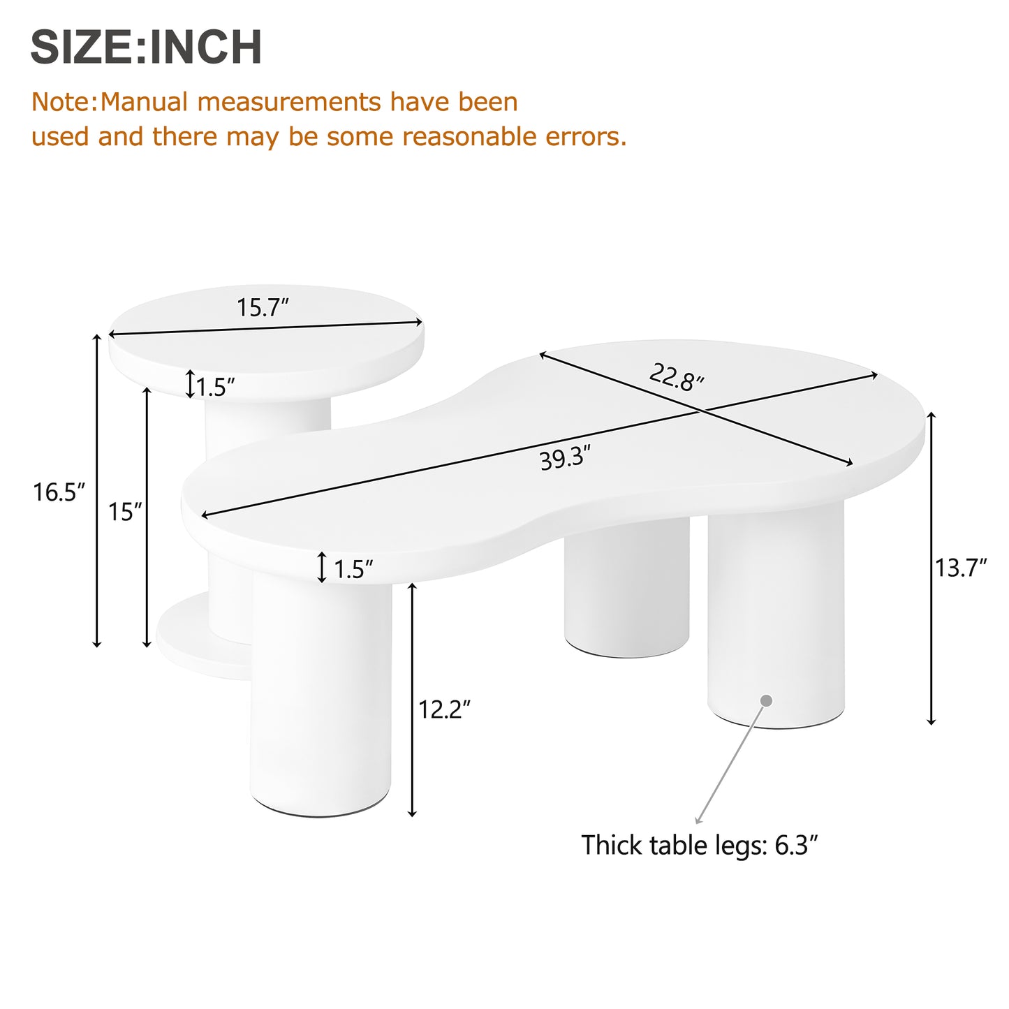 White modern coffee table with staggered oval surfaces and thick cylindrical legs
