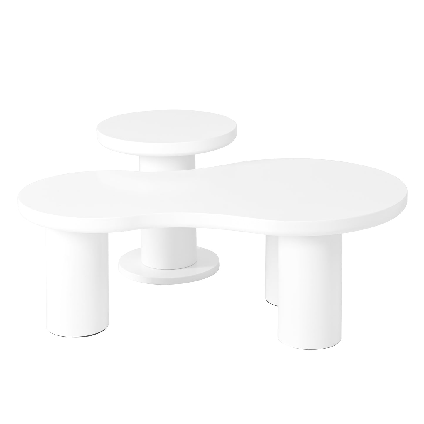 White modern coffee table with organic beanshaped top and cylindrical legs
