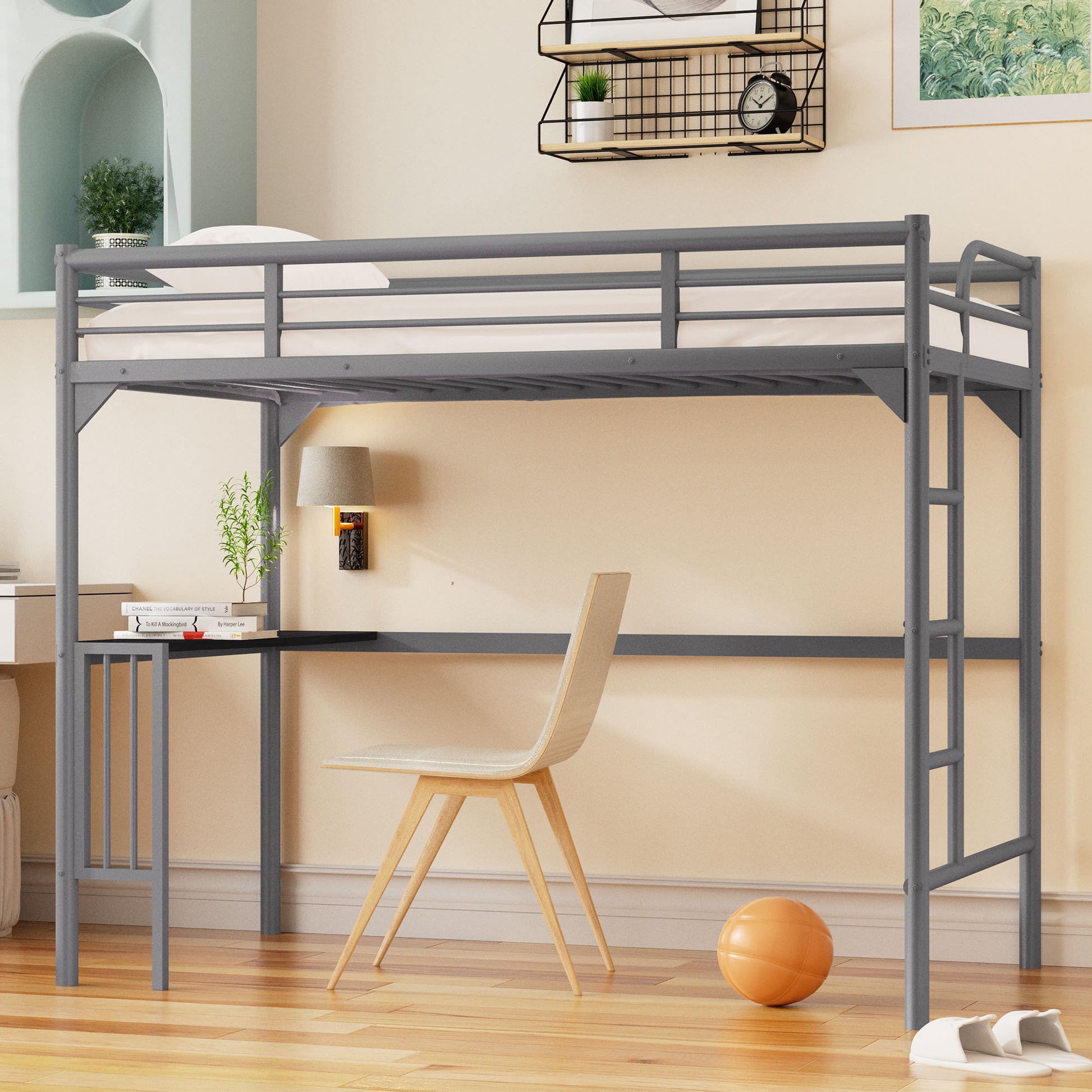 Gray metal loft bed with desk and integrated ladder