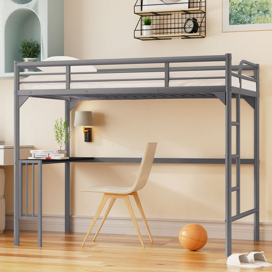 Gray metal loft bed with desk and integrated ladder