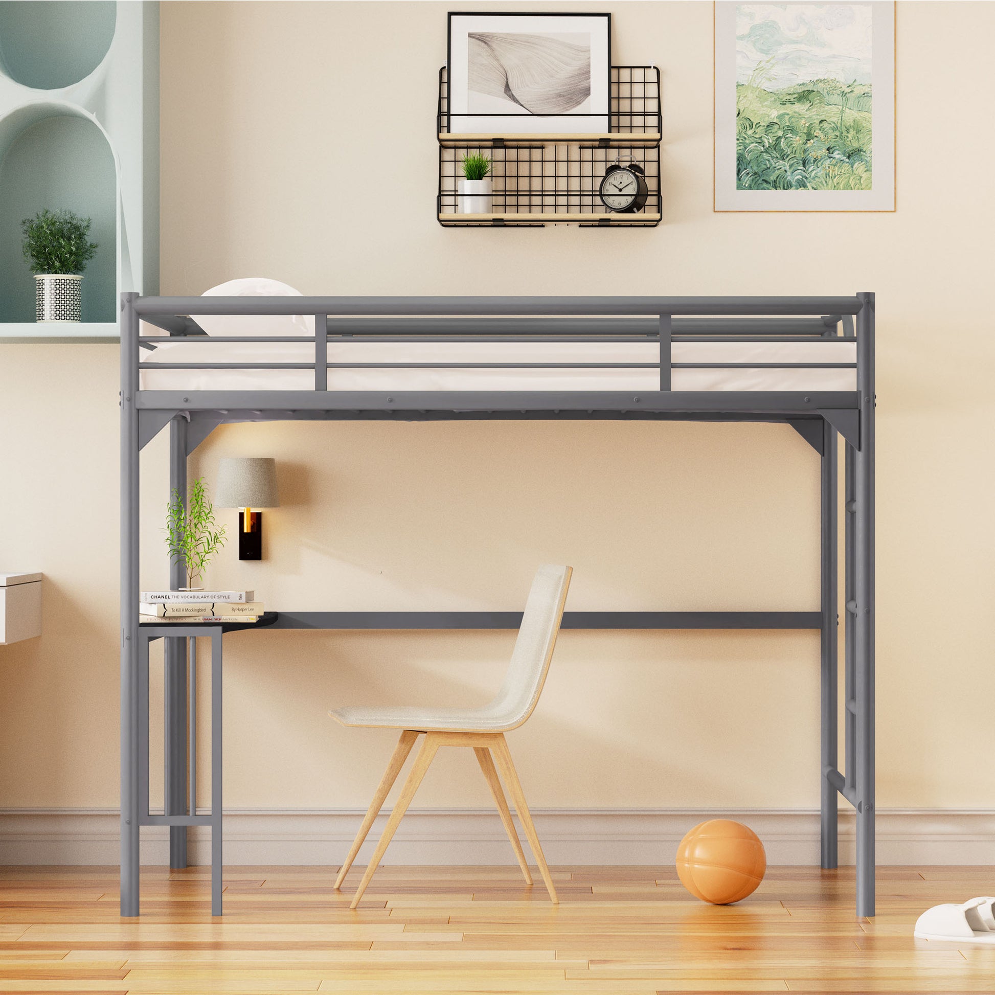 Gray metal loft bed with integrated desk and chair