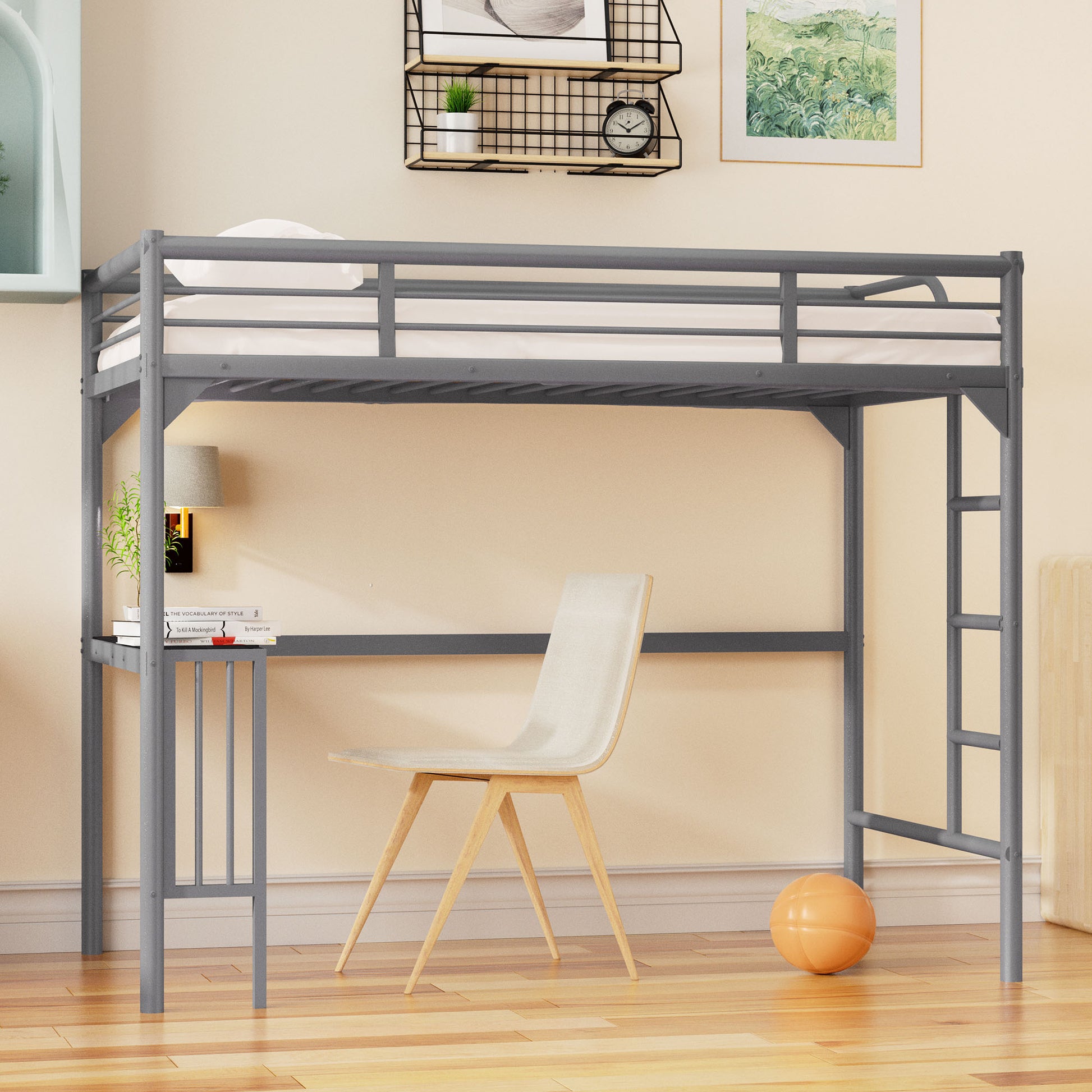 Gray metal loft bed with integrated desk and ladder