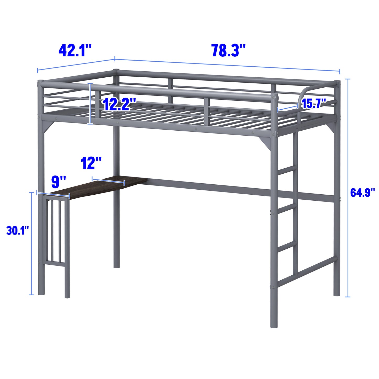 Gray metal loft bed with desk and ladder  L x  W x  H