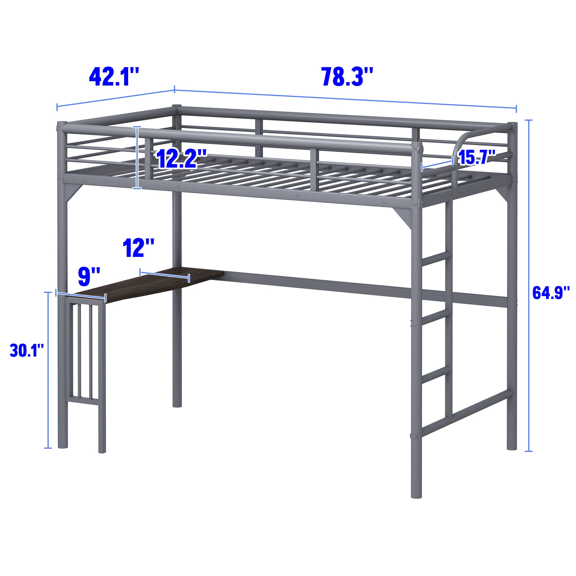 Gray metal loft bed with desk and ladder  L x  W x  H