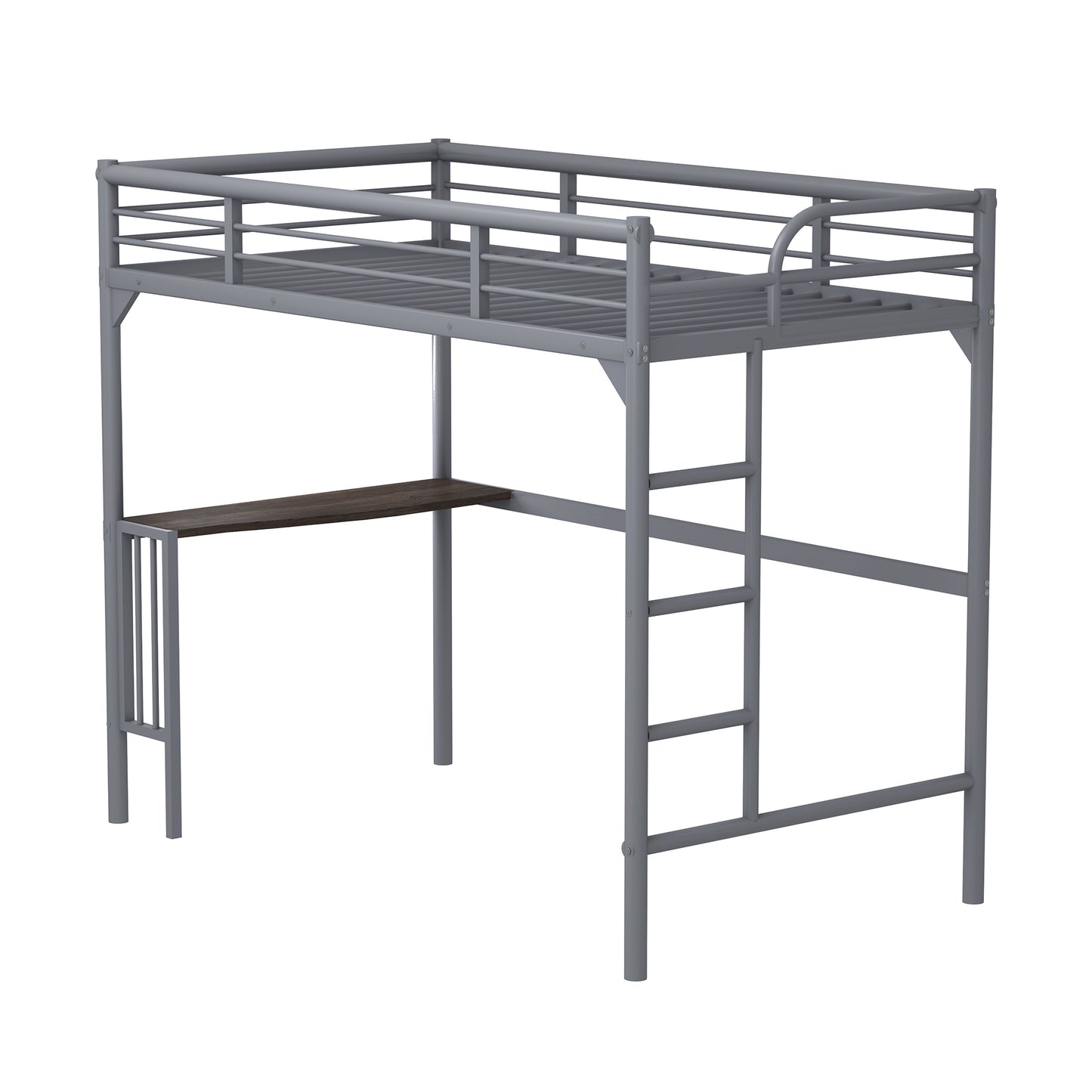 Gray metal twin loft bed with integrated dark wood desk