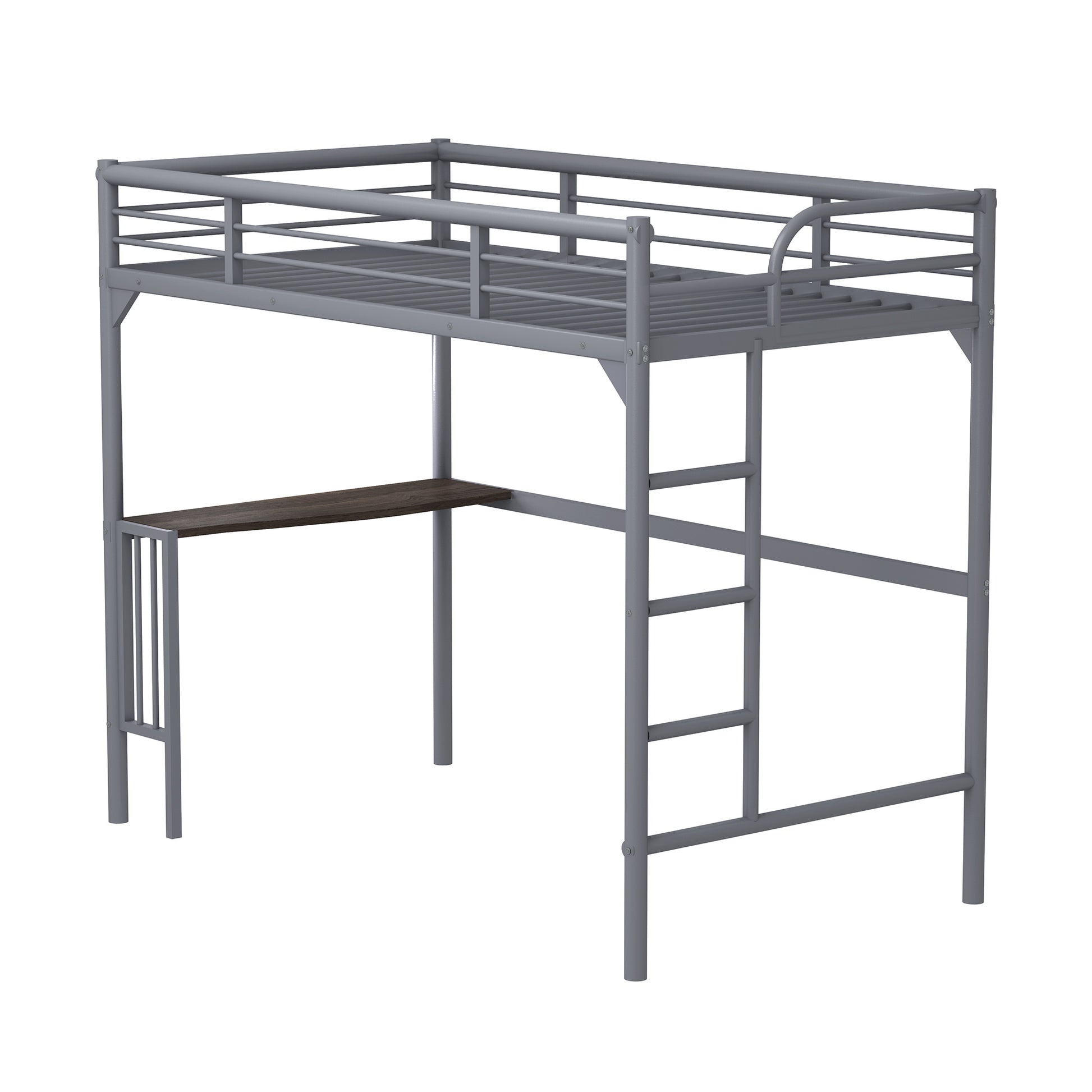 Gray metal twin loft bed with integrated dark wood desk