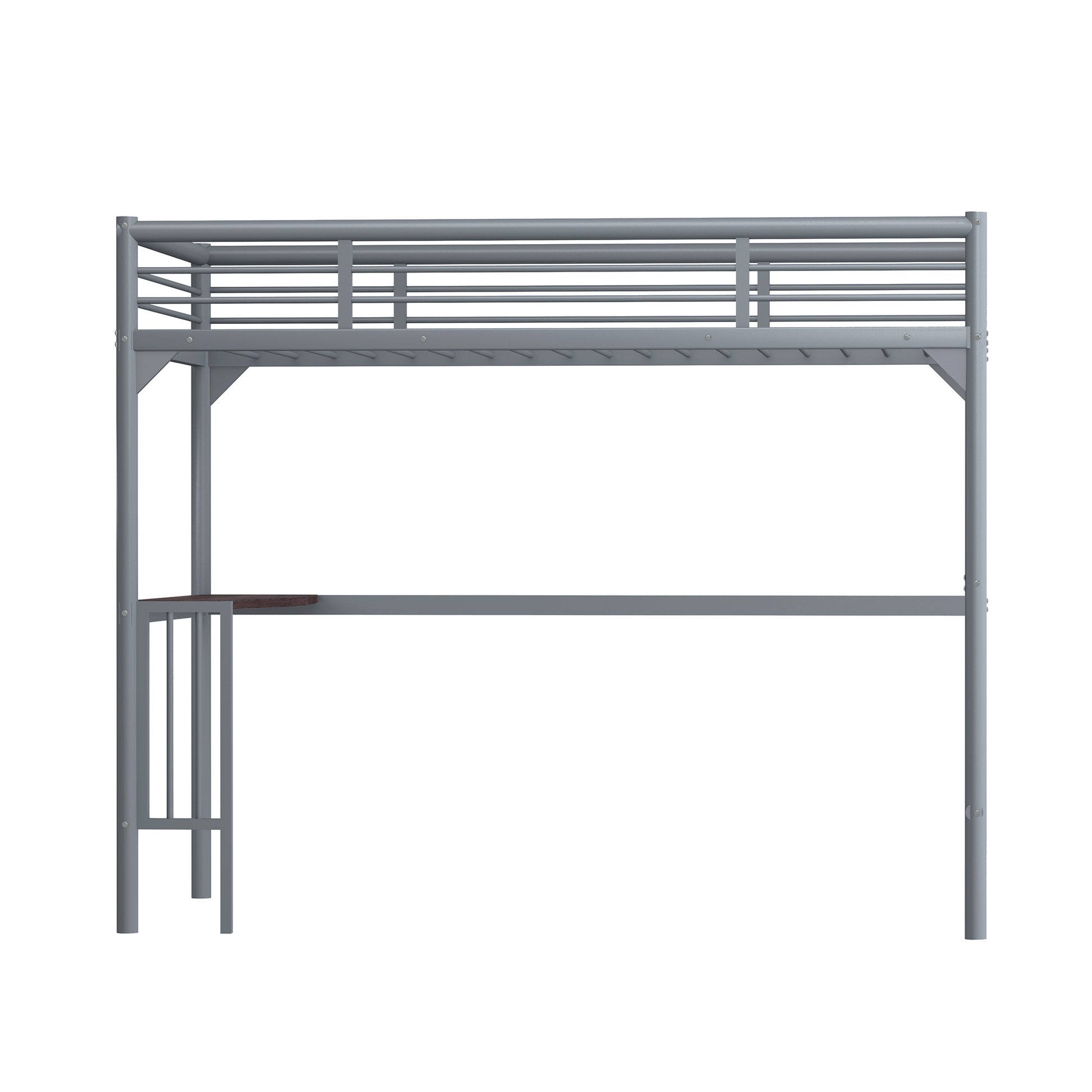 Silver metal loft bed with integrated desk and guardrail
